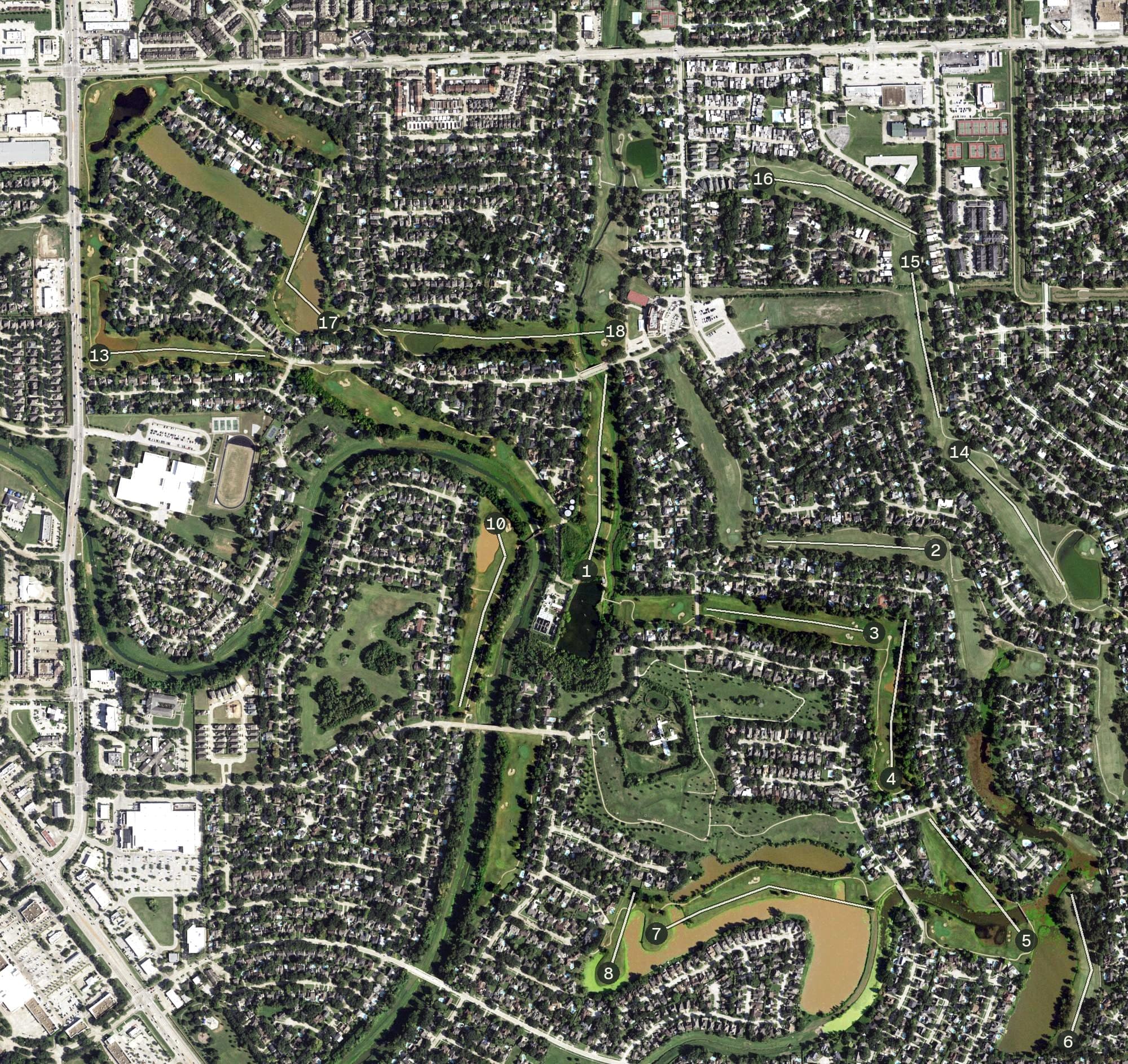 Aerial view of Quail Valley El Dorado Course, TX, with its hole routing marked