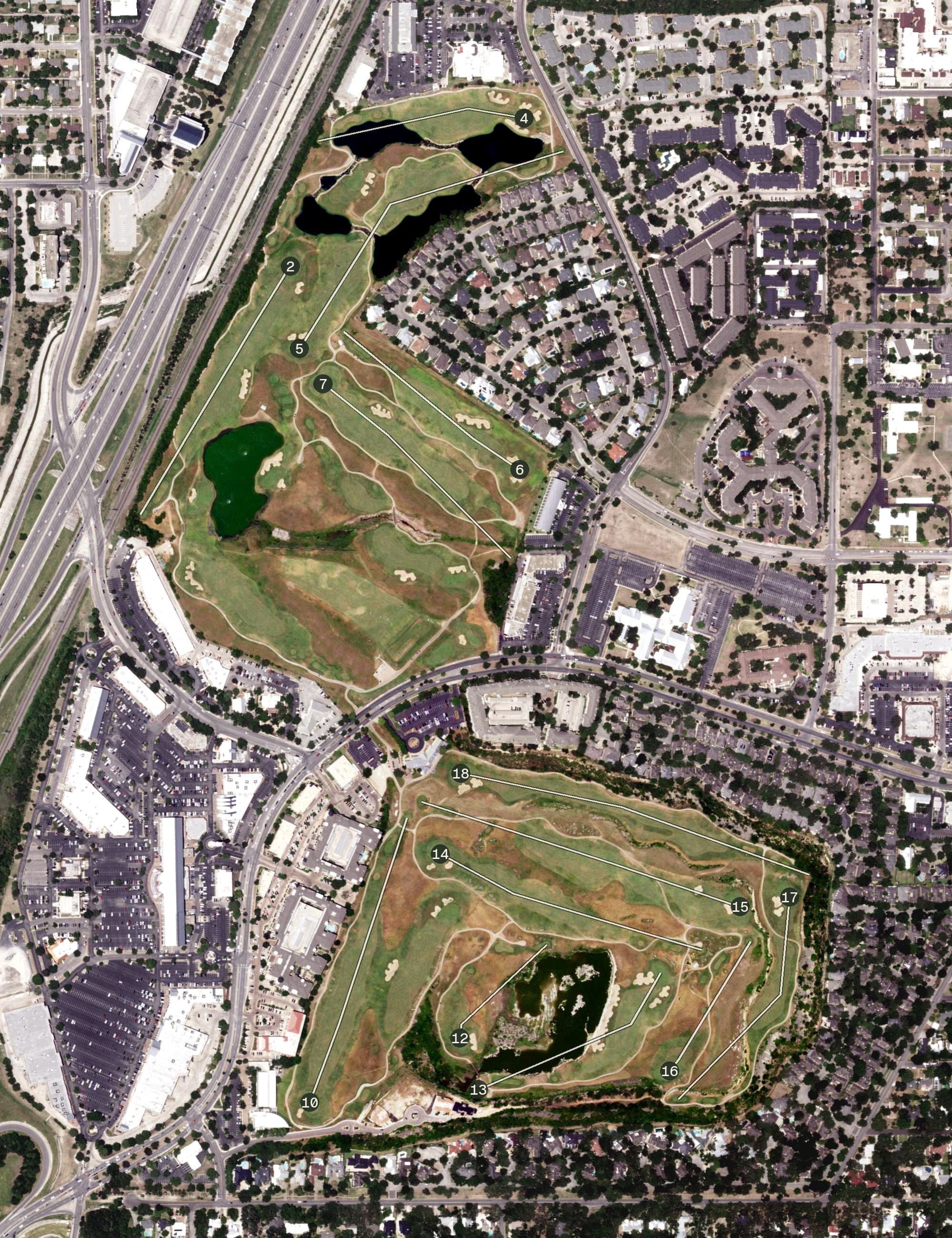 Aerial view of Quarry Golf Club, TX, with its hole routing marked