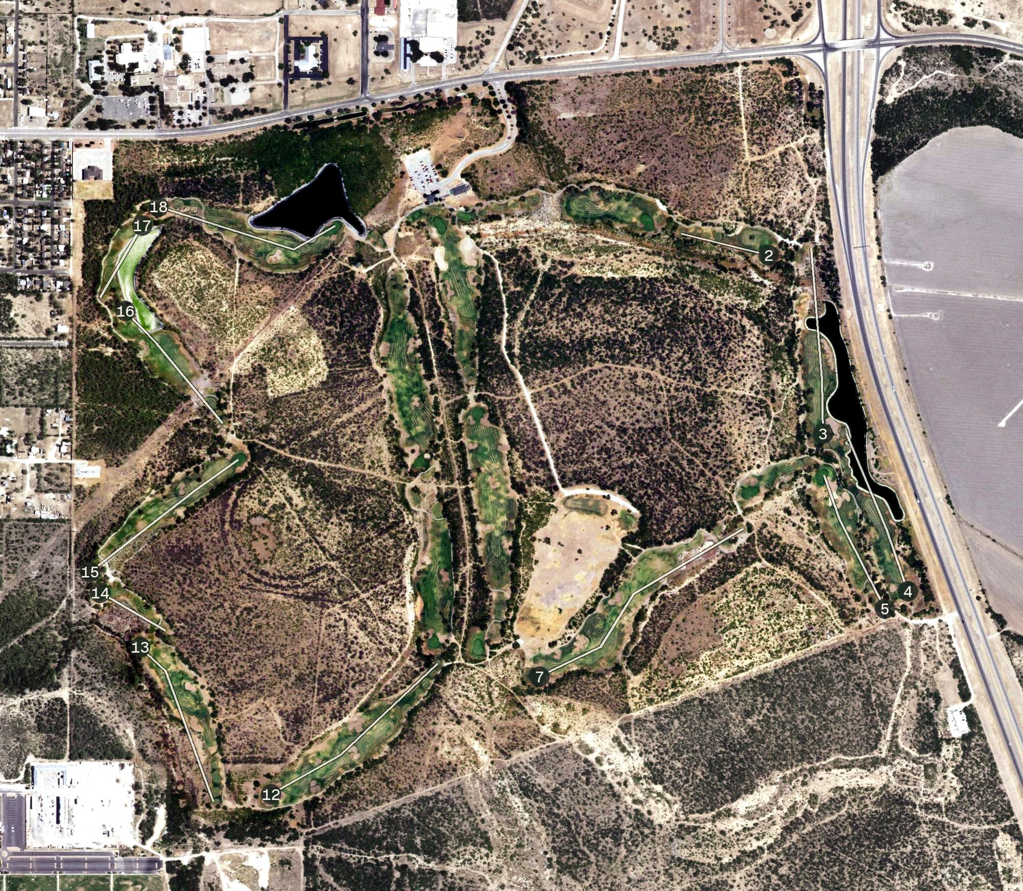 Aerial view of Quicksand Golf Course, TX, with its hole routing marked