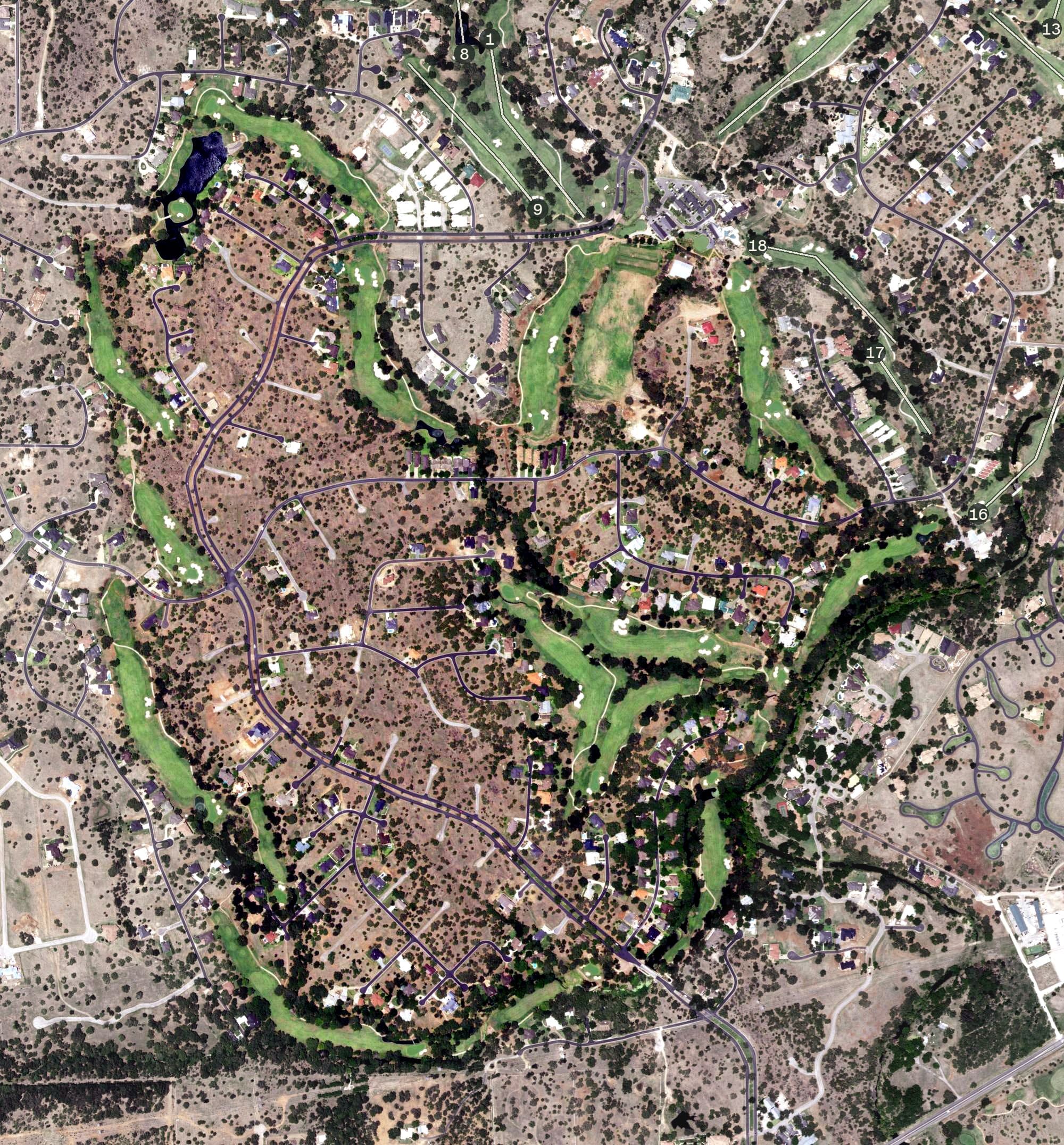Aerial view of Ram Rock, TX, with its hole routing marked