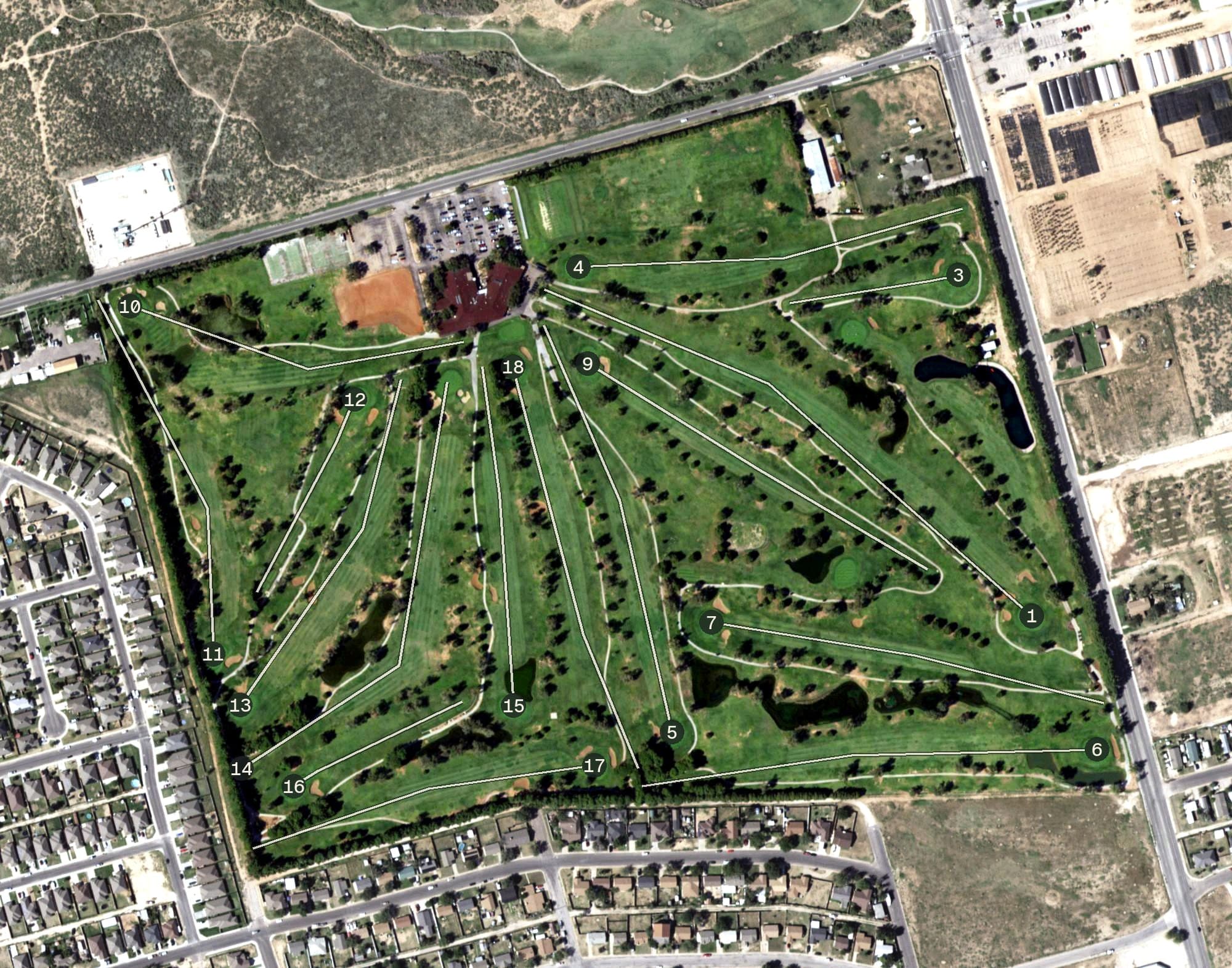 Aerial view of Ranchland Hills Country Club, TX, with its hole routing marked