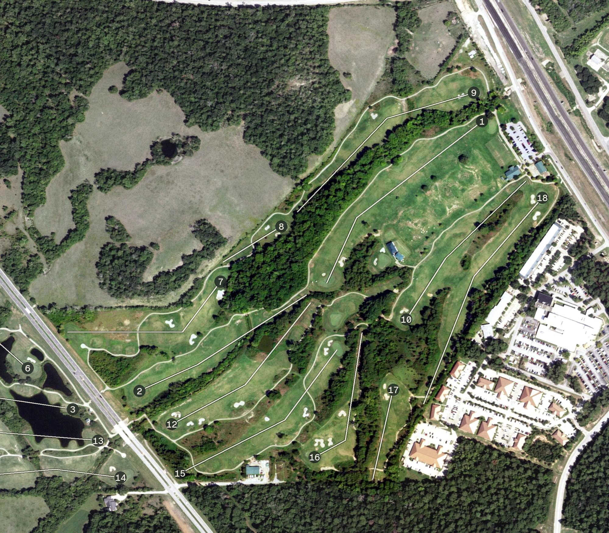 Aerial view of Raven Nest Golf Club, TX, with its hole routing marked