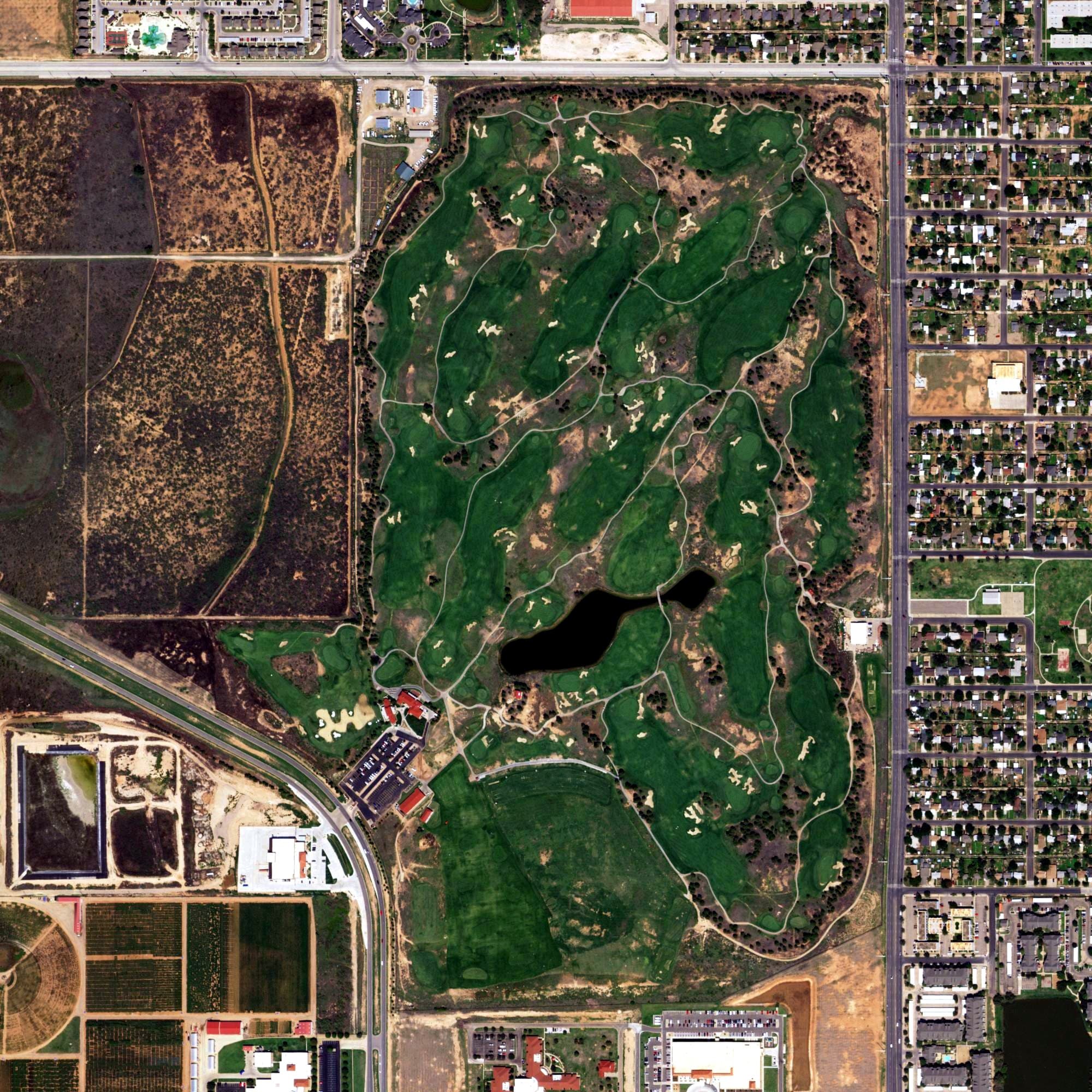 Aerial view of Rawls Golf Course, TX, with its hole routing marked