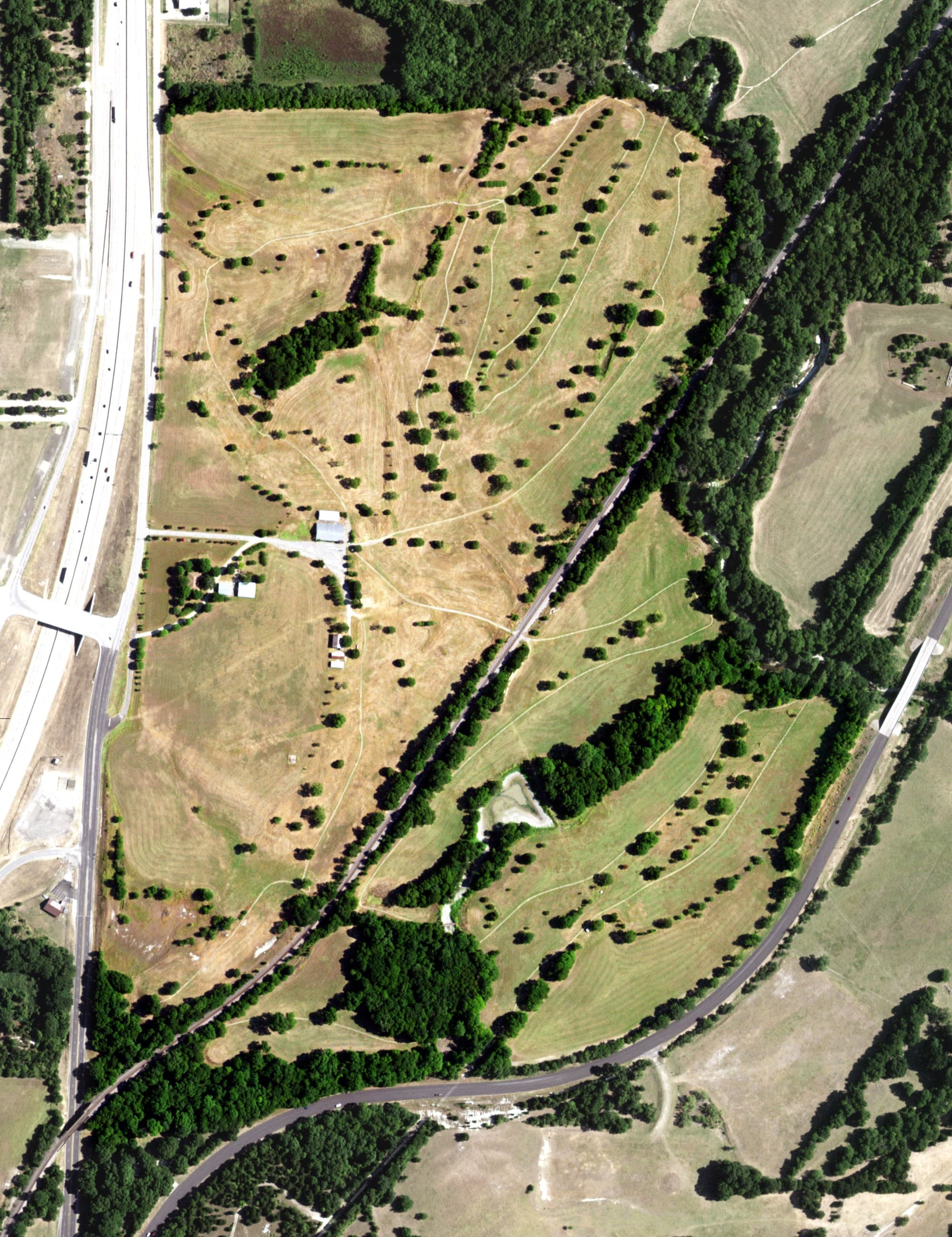 Aerial view of Red Oak Valley Golf Club, TX, with its hole routing marked