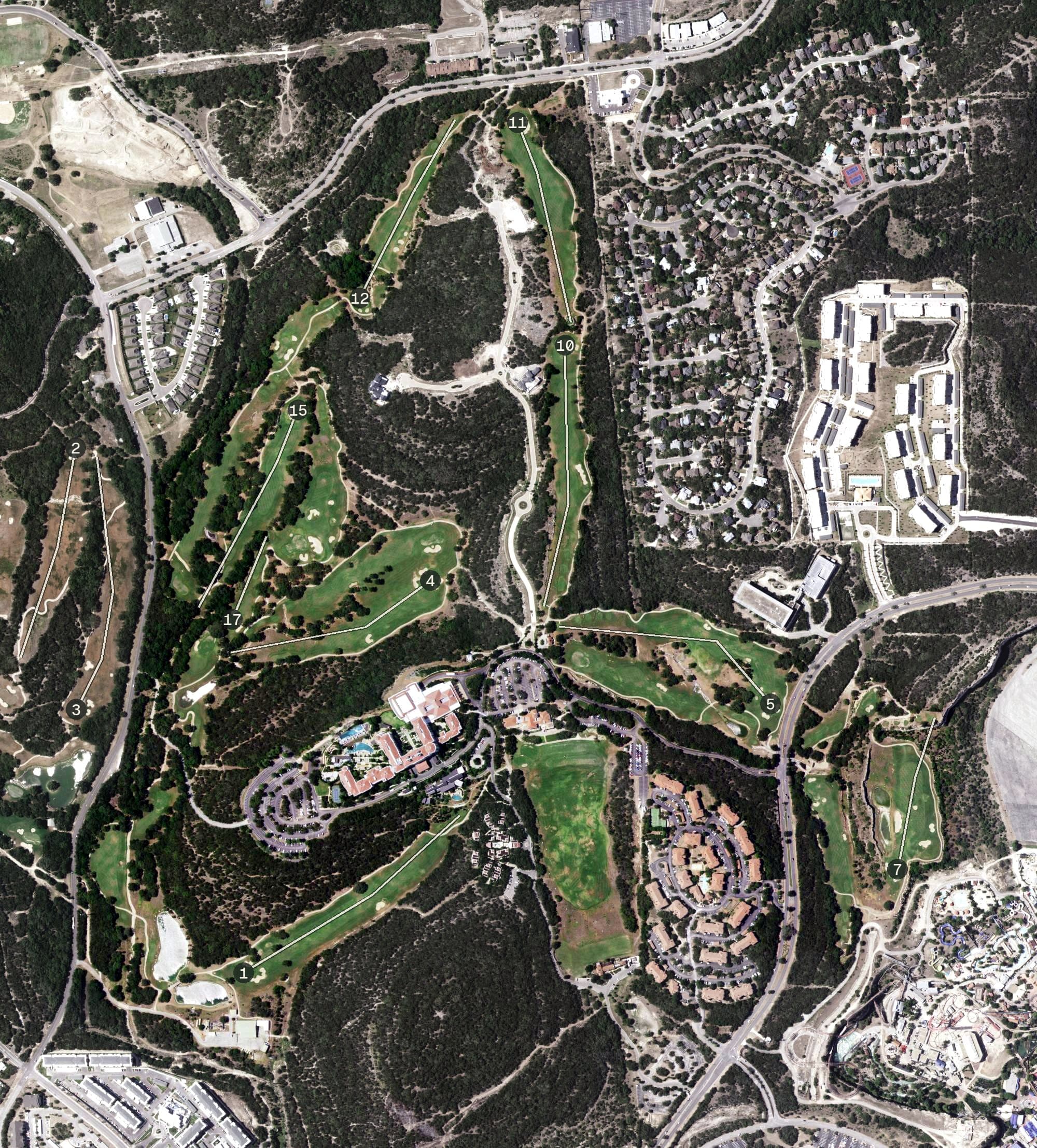 Aerial view of Resort Course at La Cantera, TX, with its hole routing marked