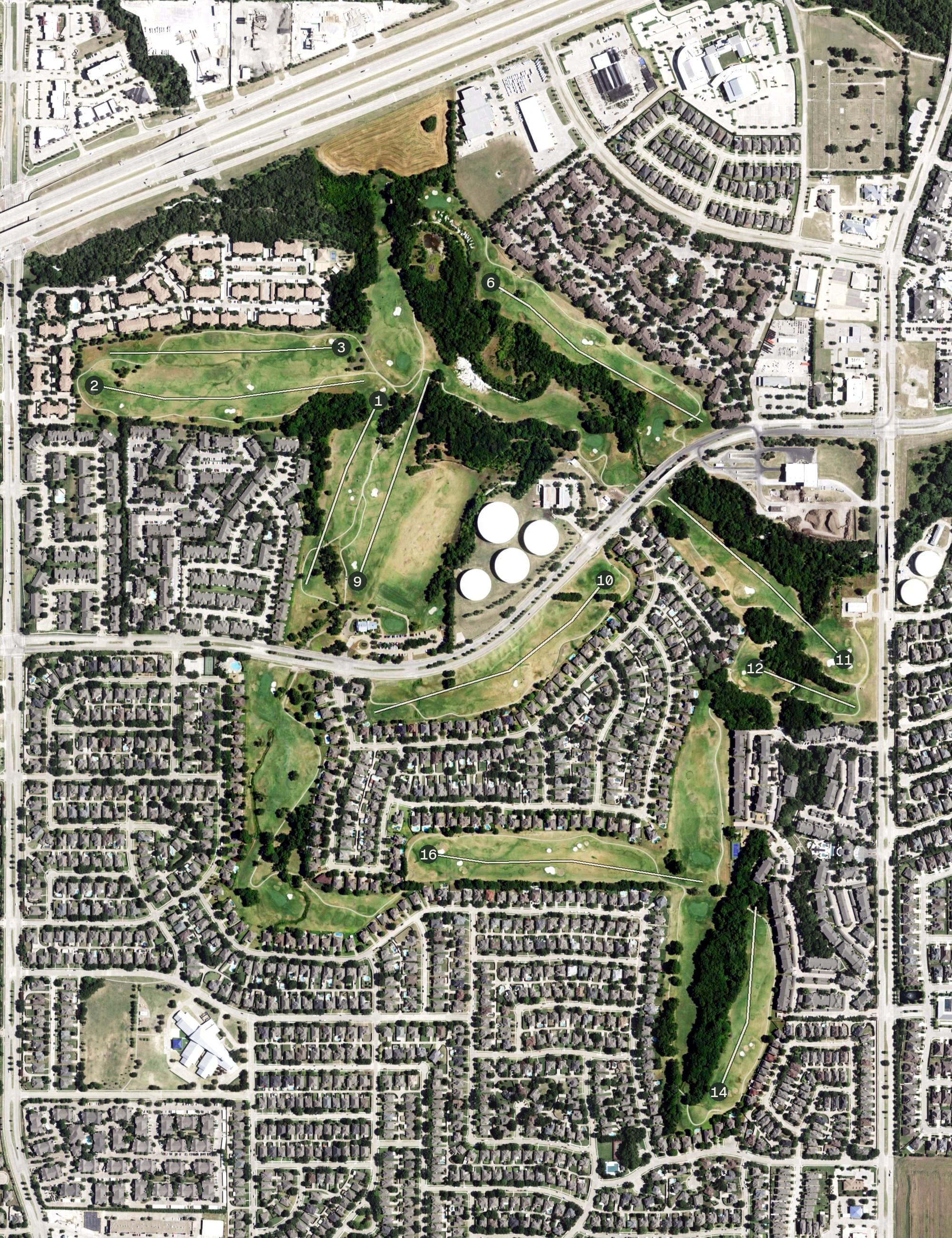 Aerial view of Ridgeview Ranch Golf Course, TX, with its hole routing marked