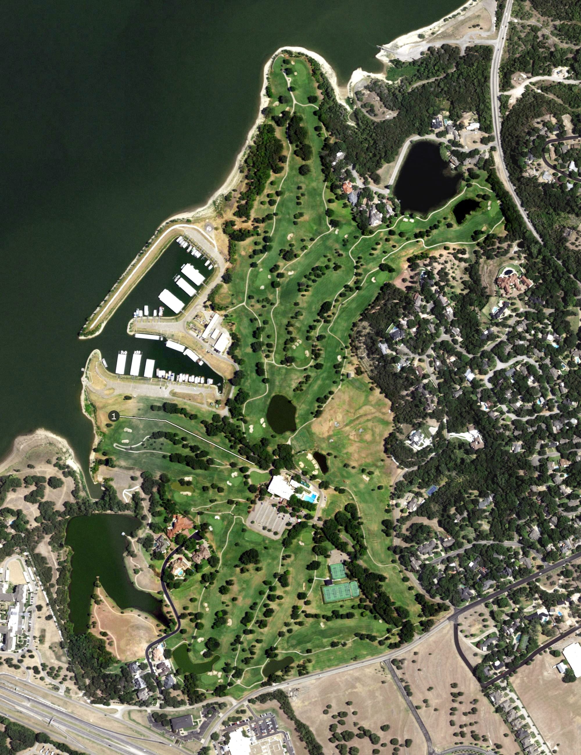 Aerial view of Ridgewood Country Club, TX, with its hole routing marked