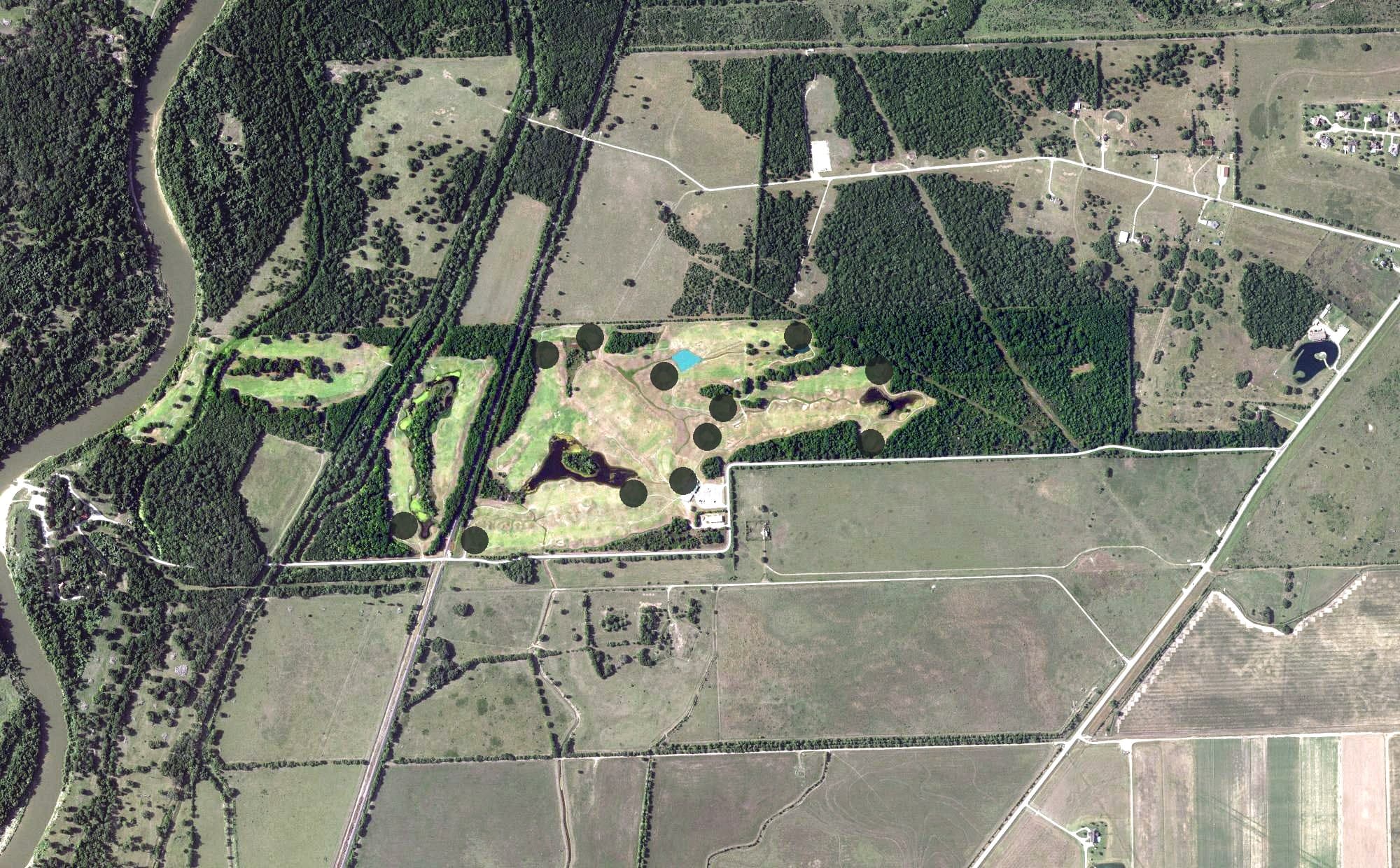 Aerial view of Rio Colorado, TX, with its hole routing marked