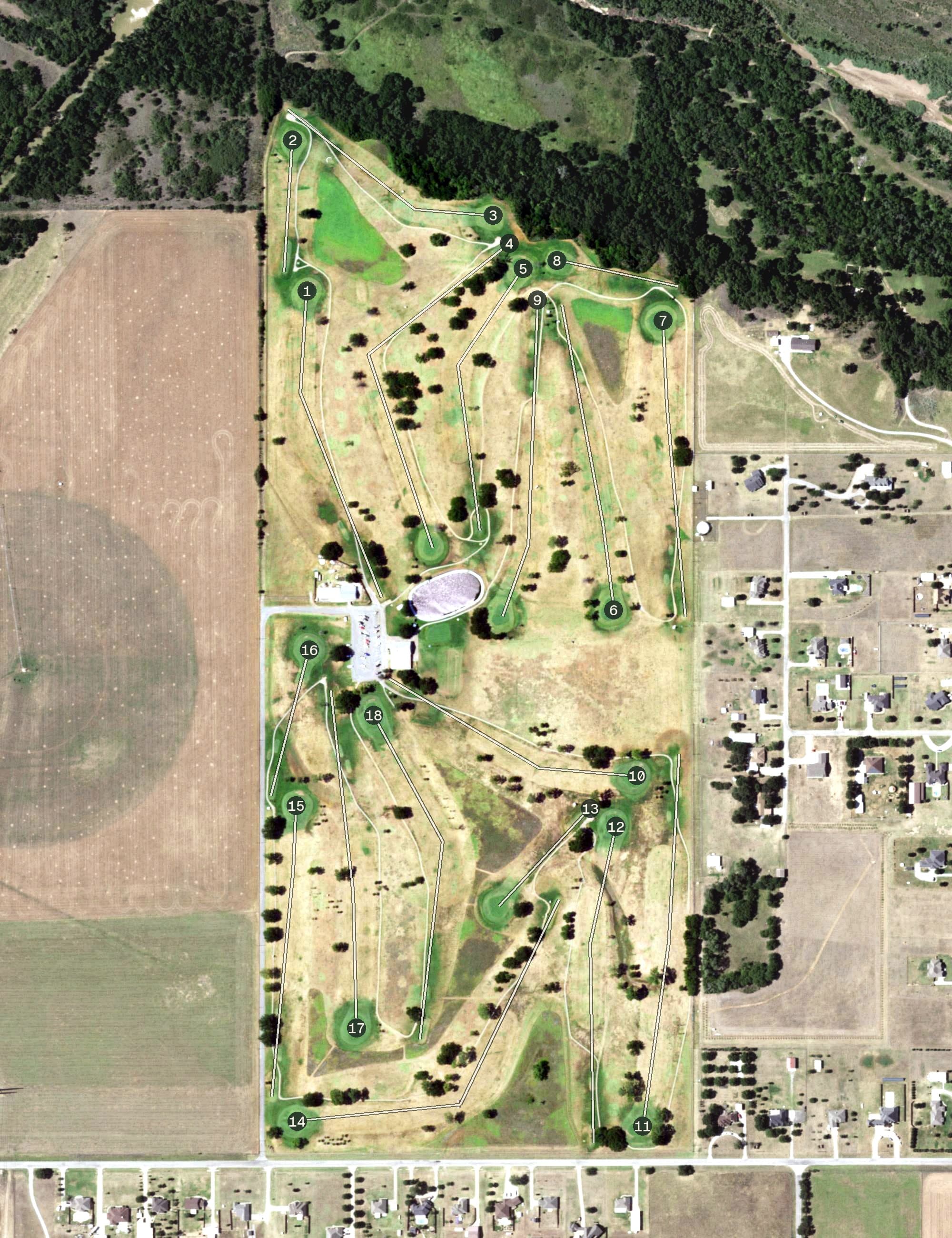 Aerial view of River Creek Park Golf Course, TX, with its hole routing marked