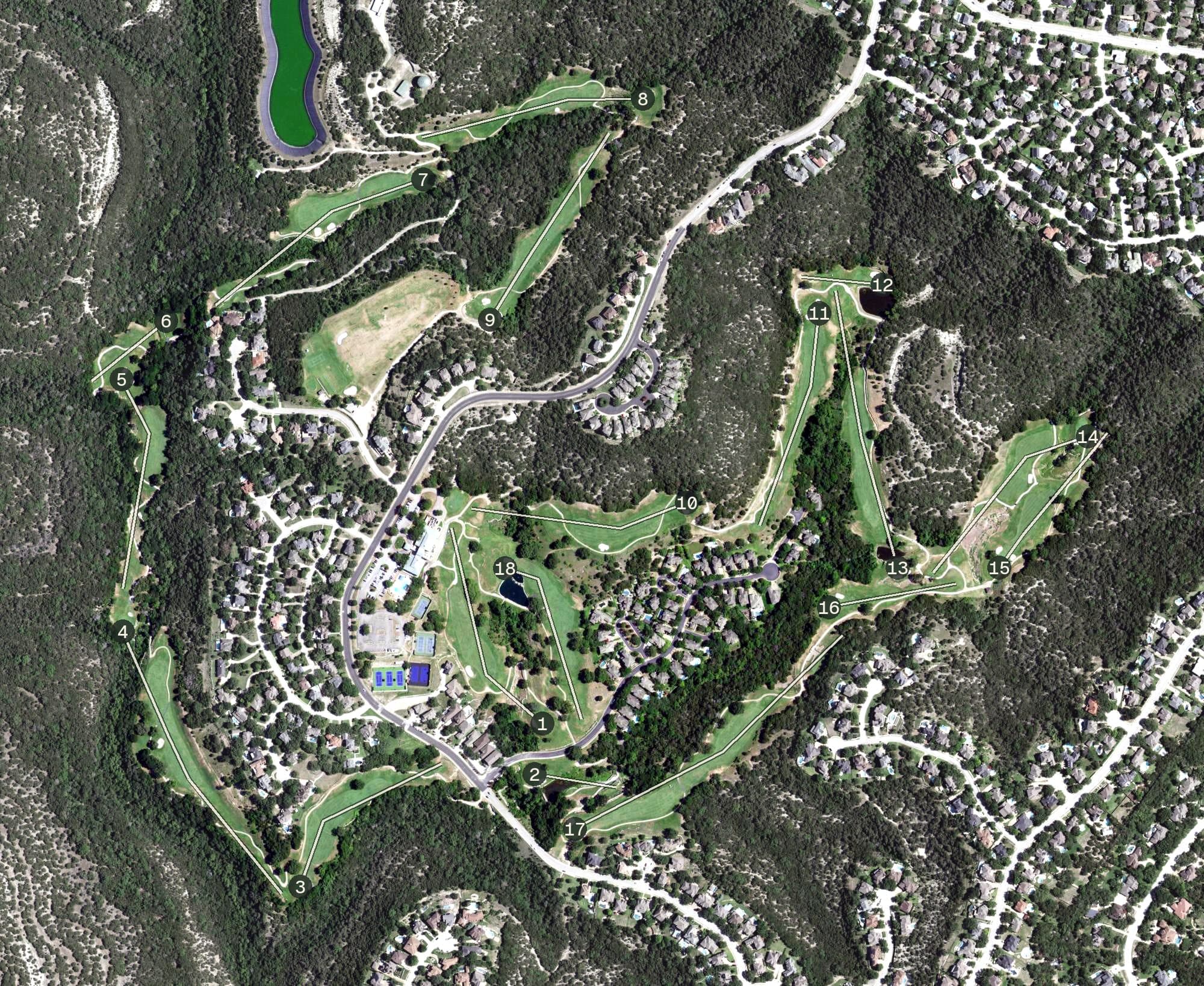 Aerial view of River Place Country Club, TX, with its hole routing marked
