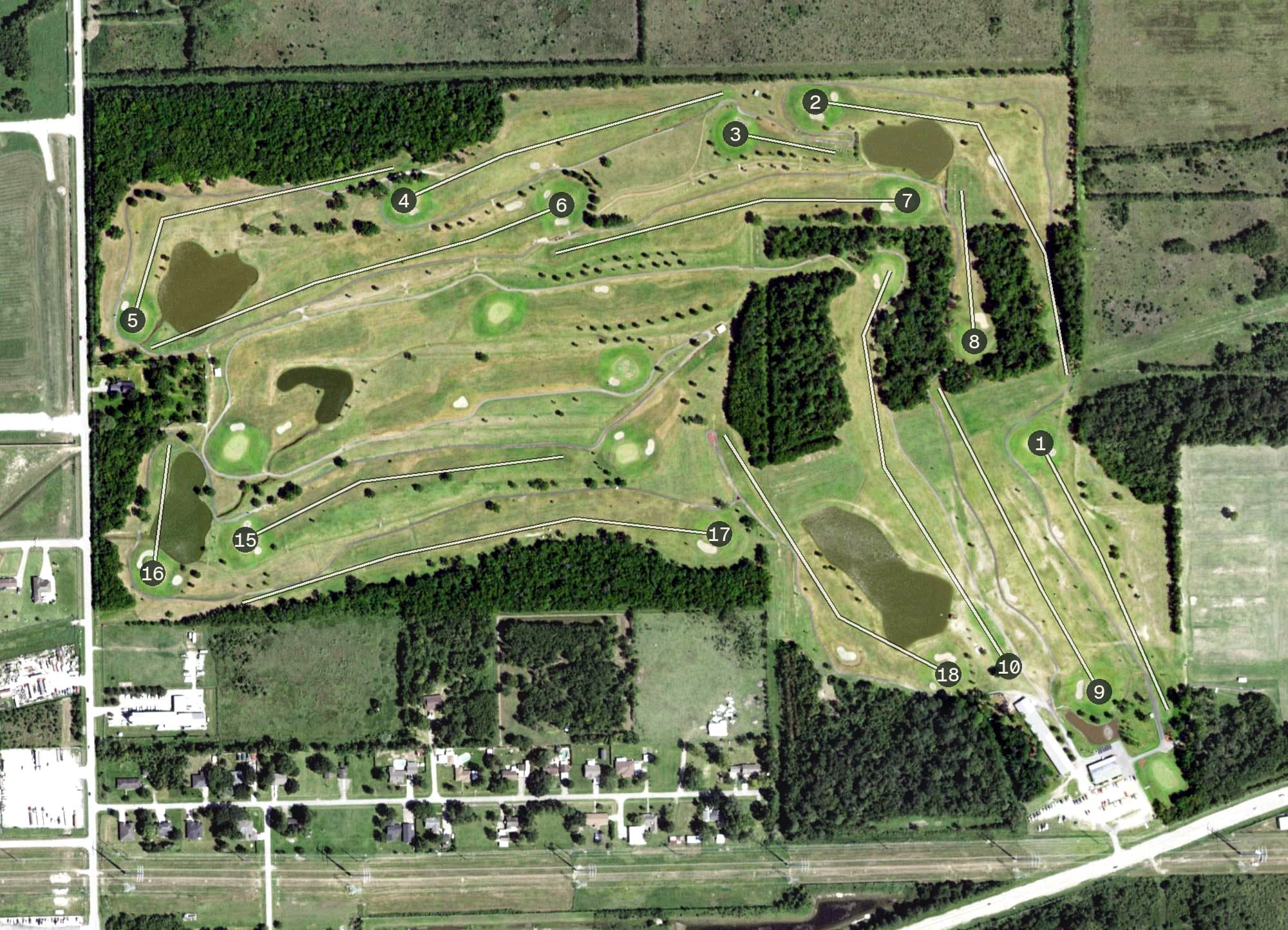 Aerial view of River Terrace Golf Course, TX, with its hole routing marked
