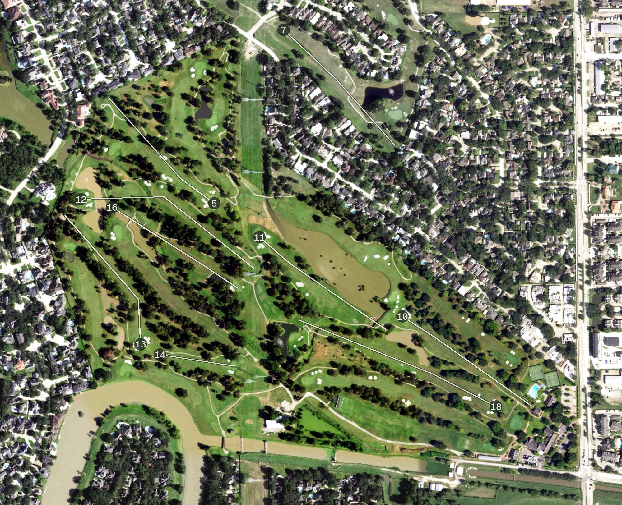 Aerial view of Riverbend Country Club, TX, with its hole routing marked