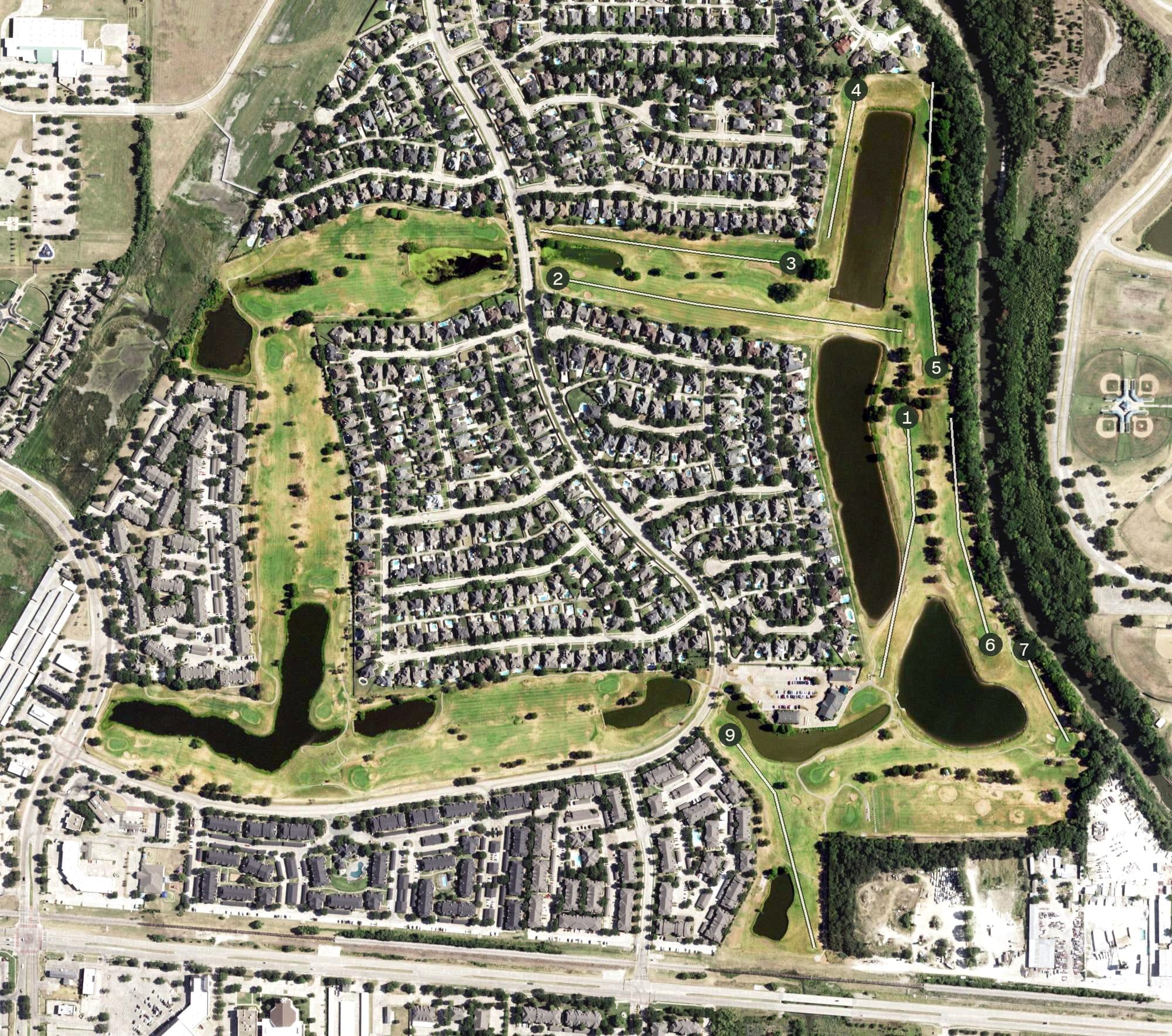 Aerial view of Riverchase Golf Course, TX, with its hole routing marked