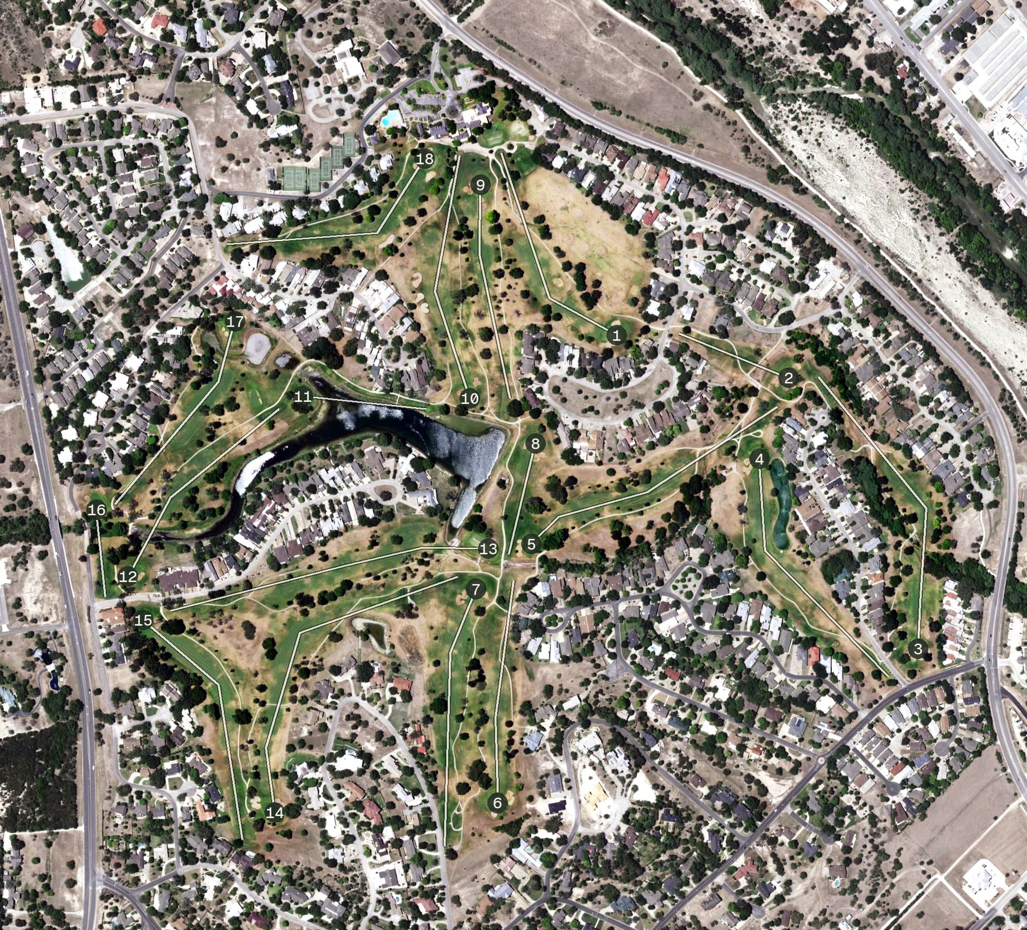 Aerial view of Riverhill Country Club, TX, with its hole routing marked