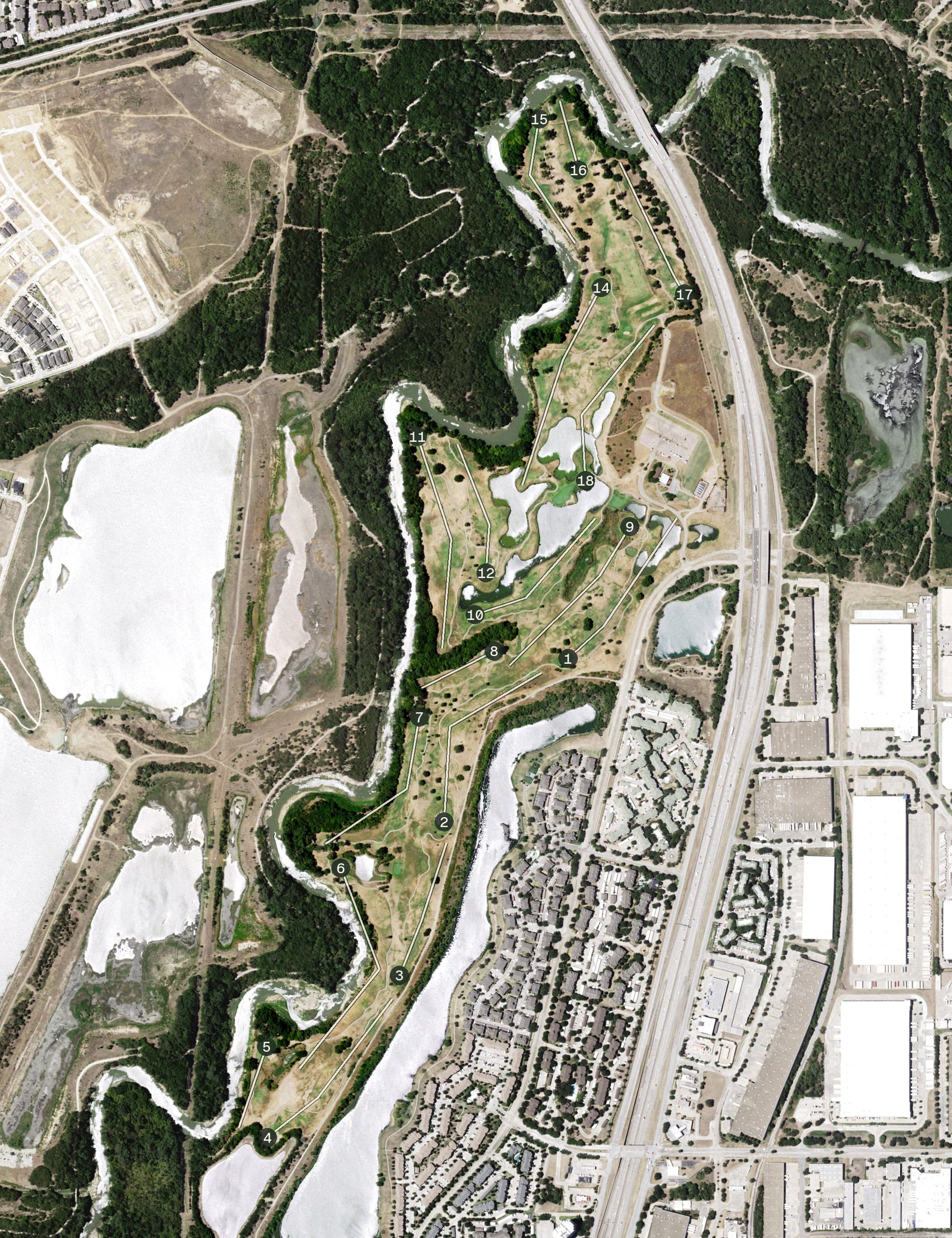 Aerial view of Riverside Golf Club, TX, with its hole routing marked