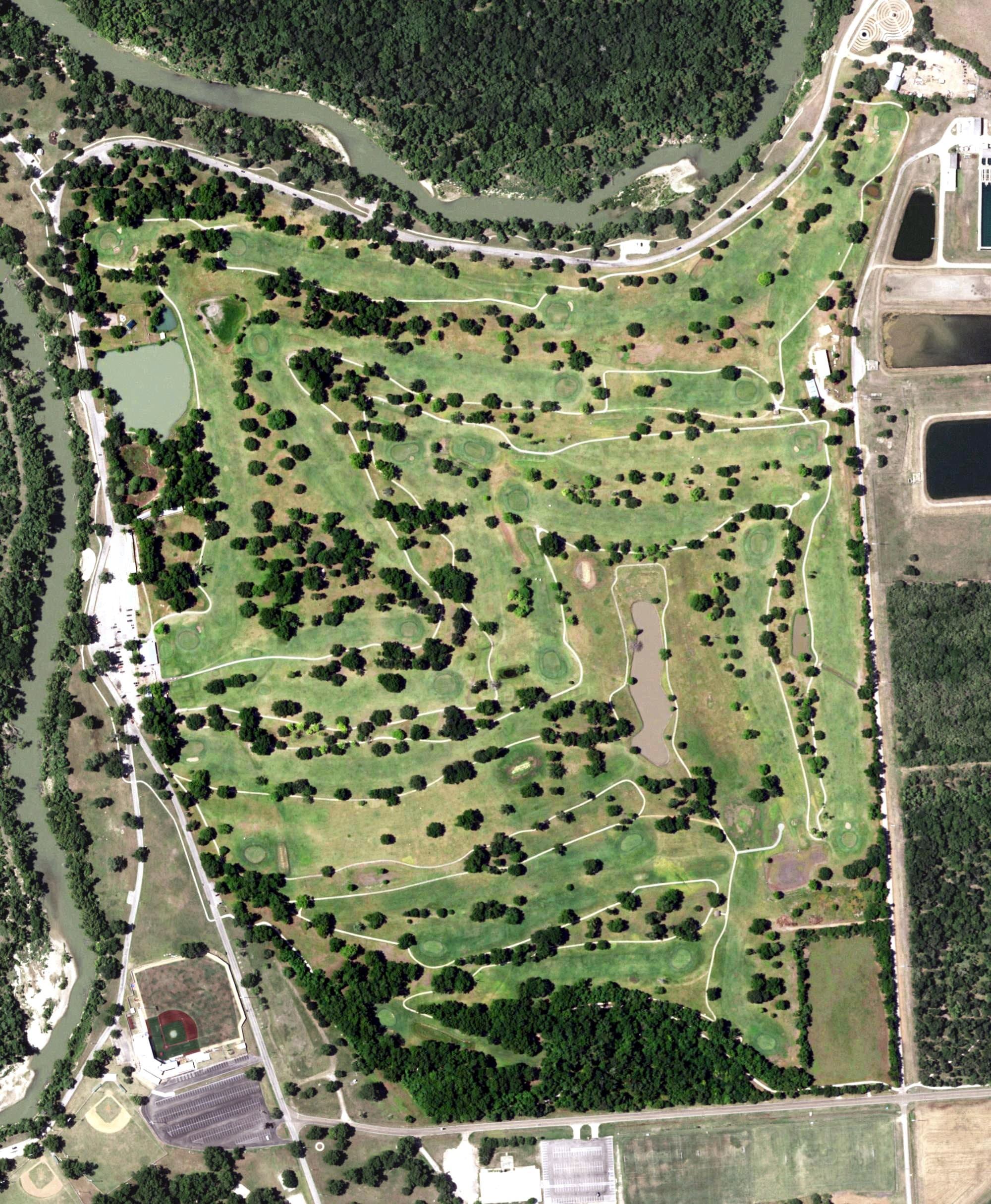 Aerial view of Riverside Golf Course, TX, with its hole routing marked