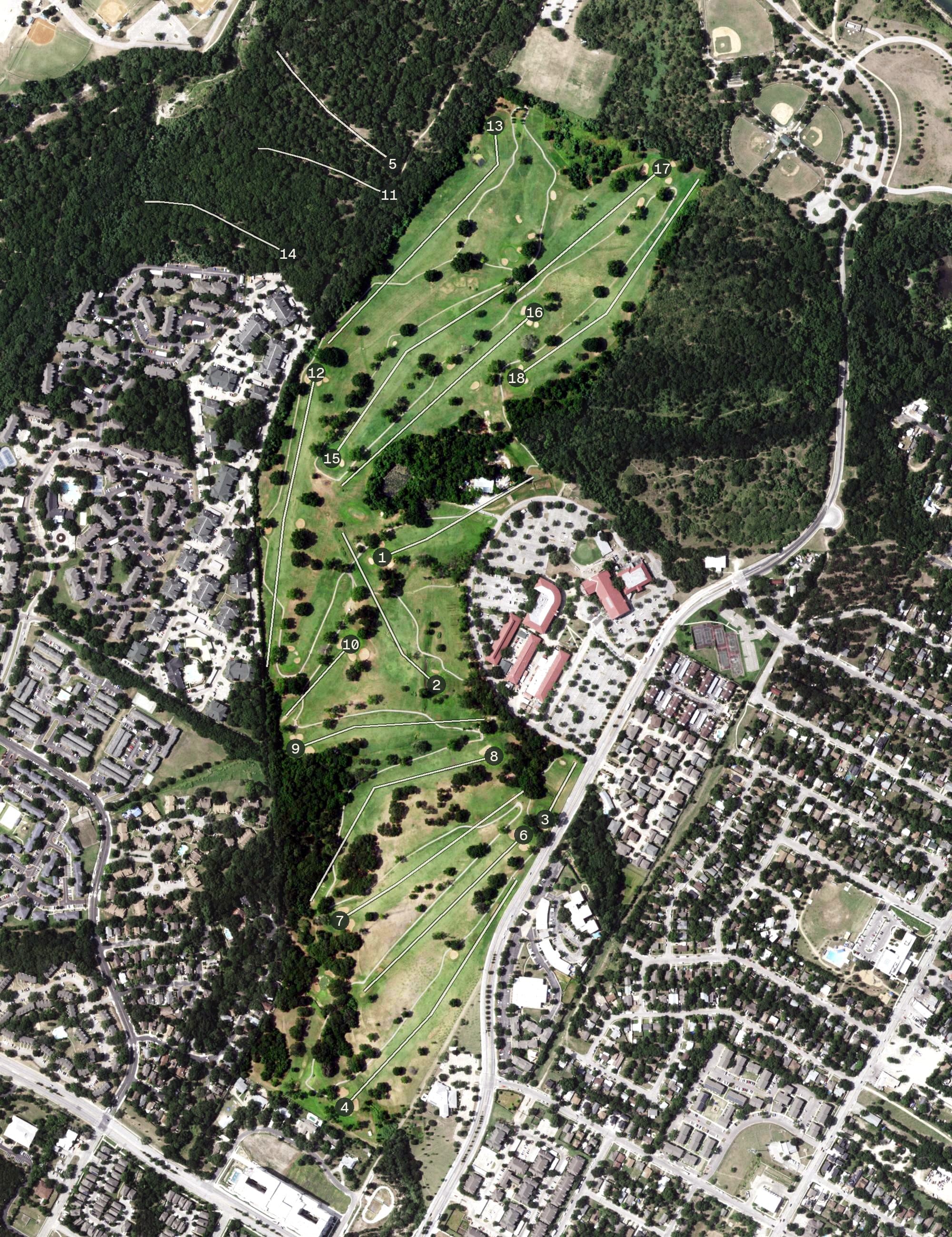 Aerial view of Riverside Golf Course, TX, with its hole routing marked