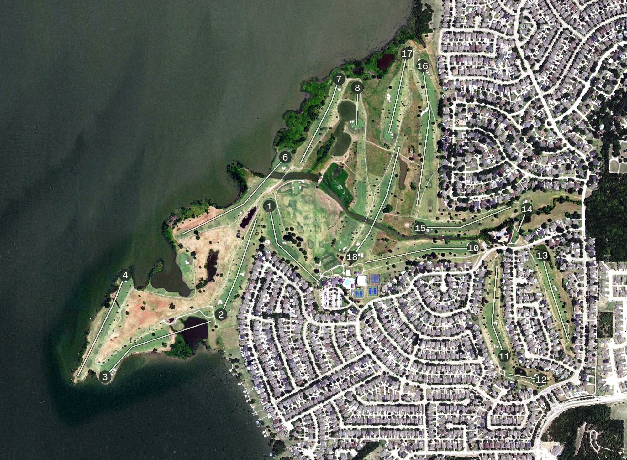 Aerial view of Rockwall Golf and Athletic Club, TX, with its hole routing marked