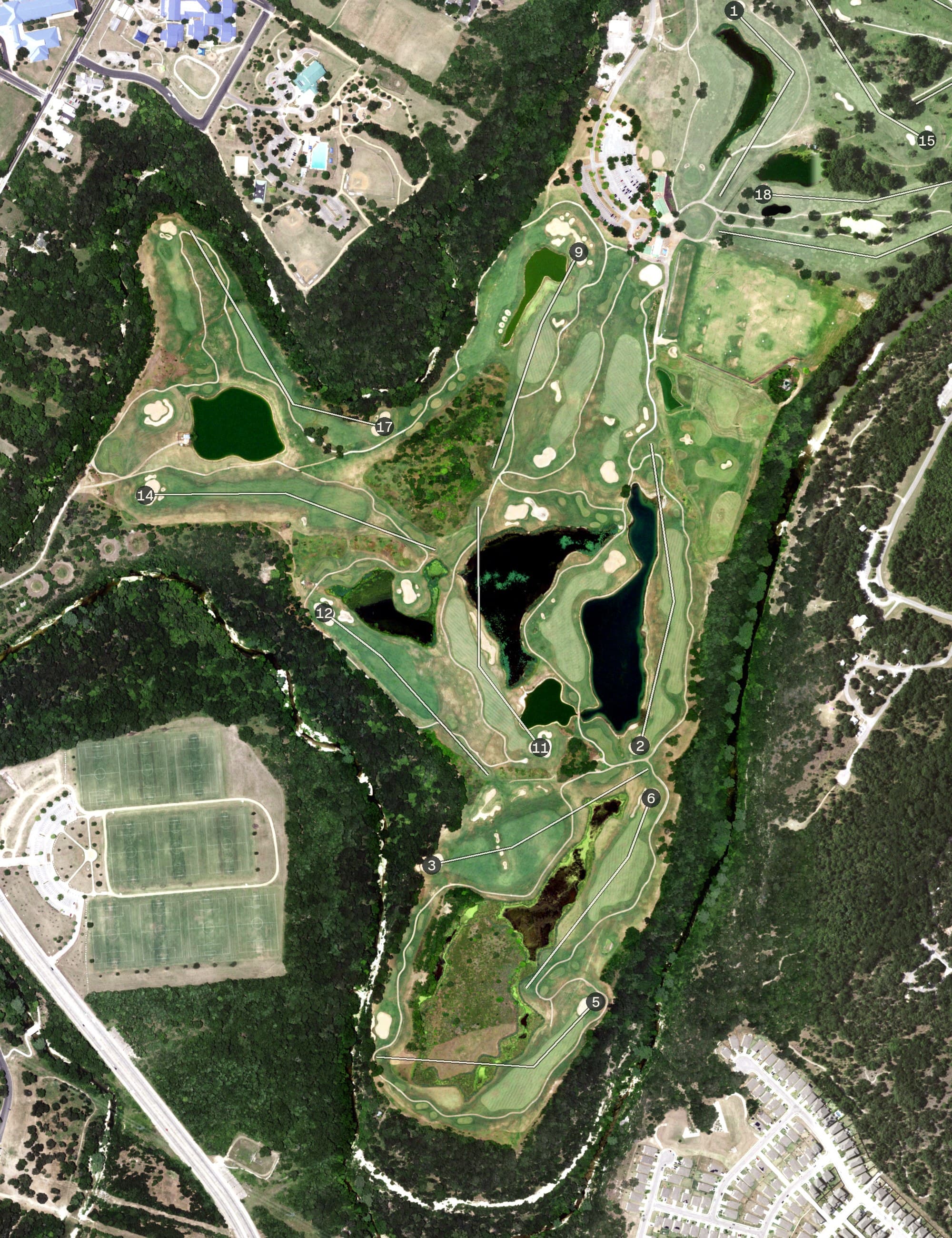 Aerial view of Roy Kizer Golf Course, TX, with its hole routing marked