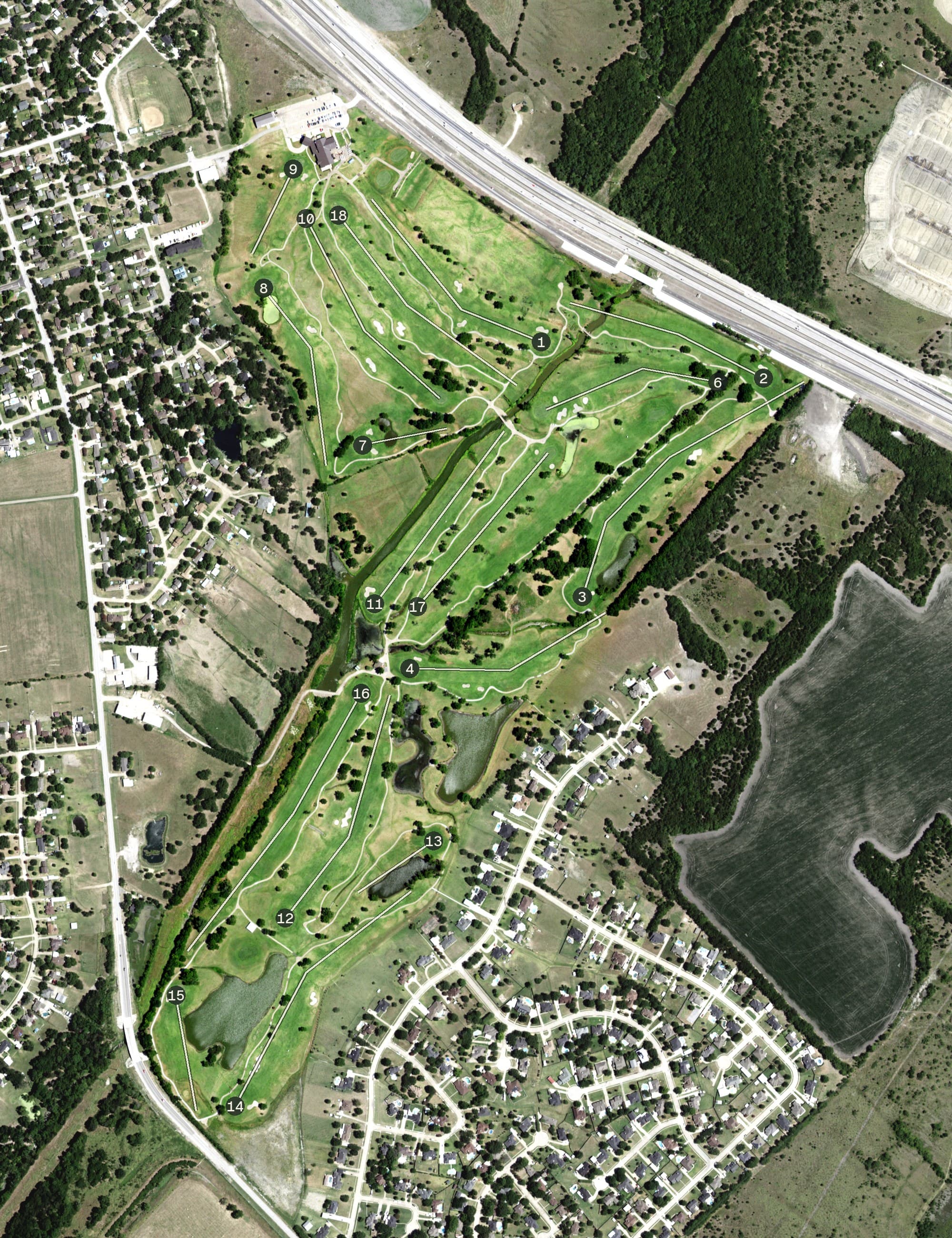Aerial view of Rusted Rail Golf Club, TX, with its hole routing marked