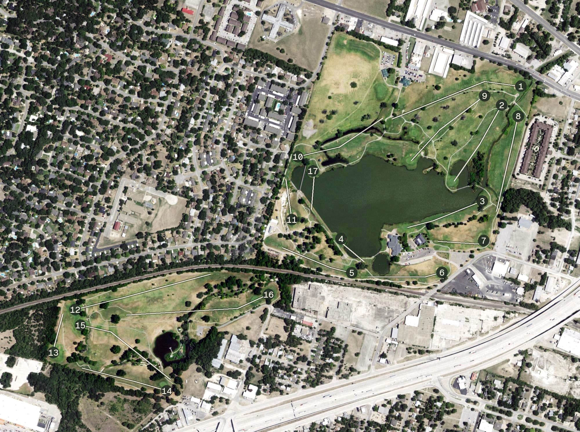 Aerial view of Sammons Golf Course, TX, with its hole routing marked