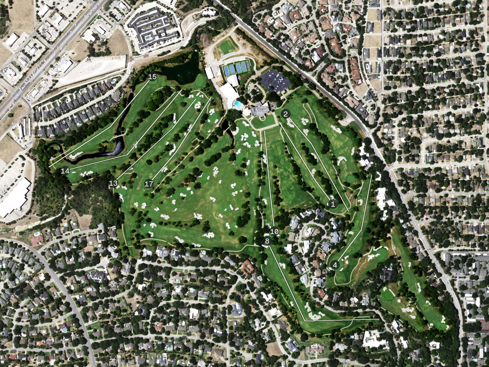 Aerial view of Shady Oaks Country Club, TX, with its hole routing marked