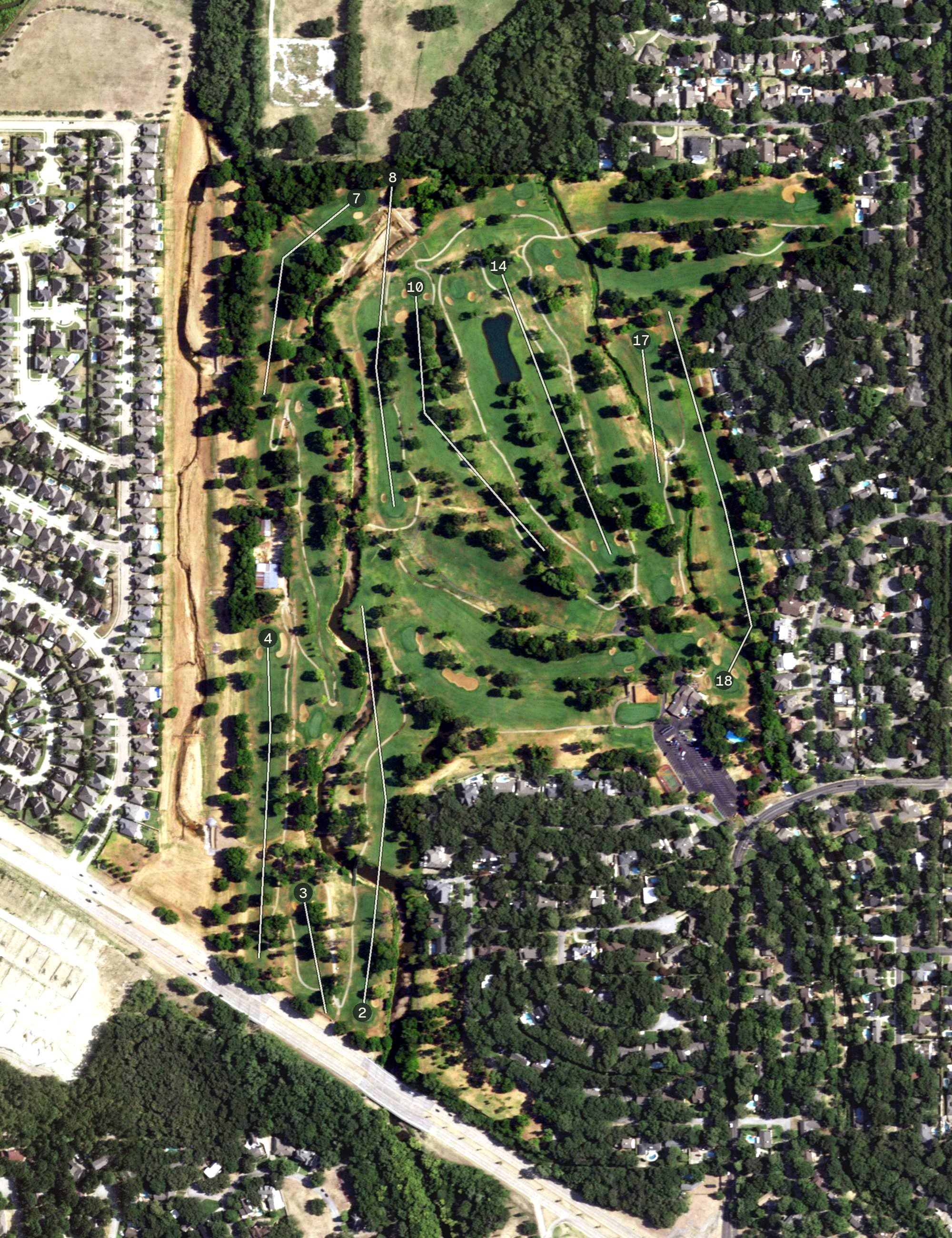 Aerial view of Shady Valley Country Club, TX, with its hole routing marked
