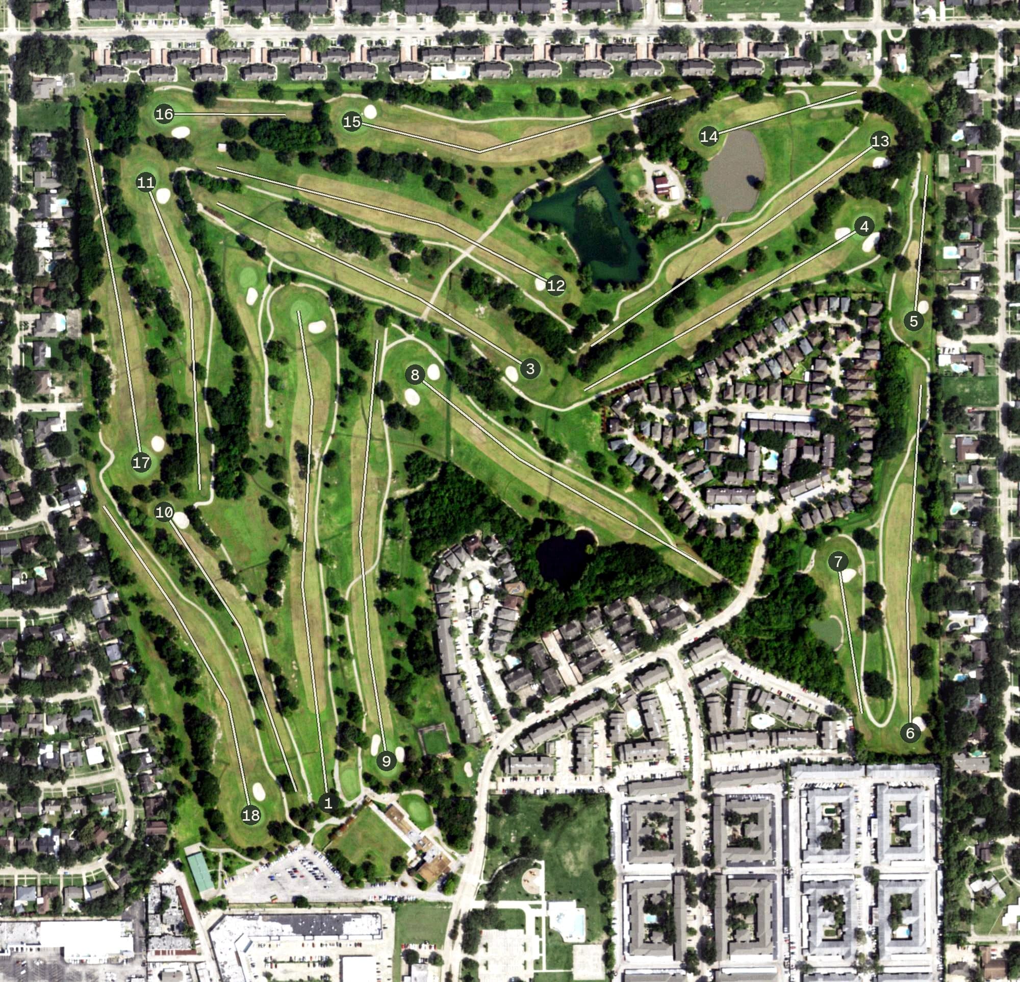 Aerial view of Sharpstown Country Club, TX, with its hole routing marked