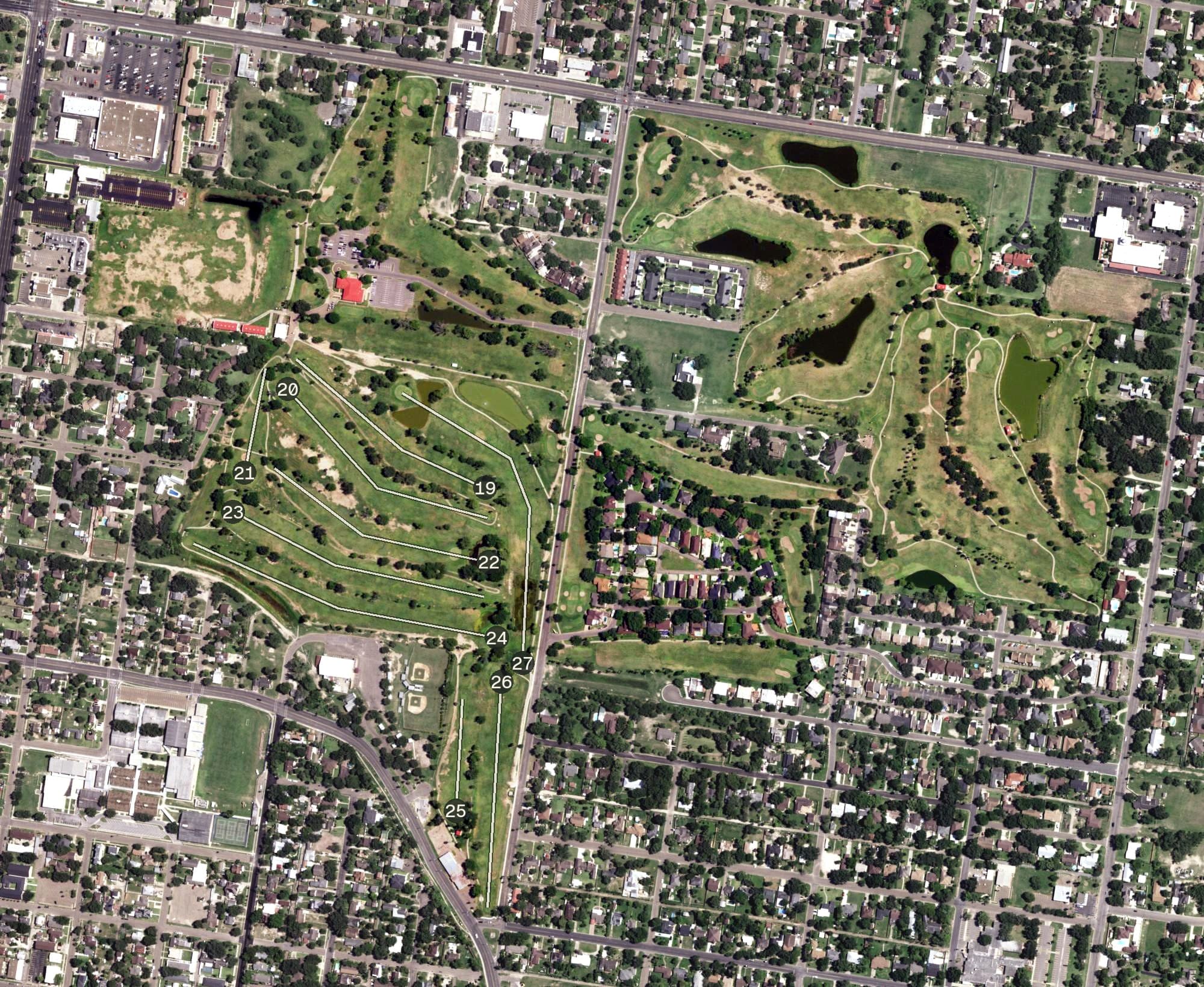 Aerial view of Shary Municipal Golf Course, TX, with its hole routing marked