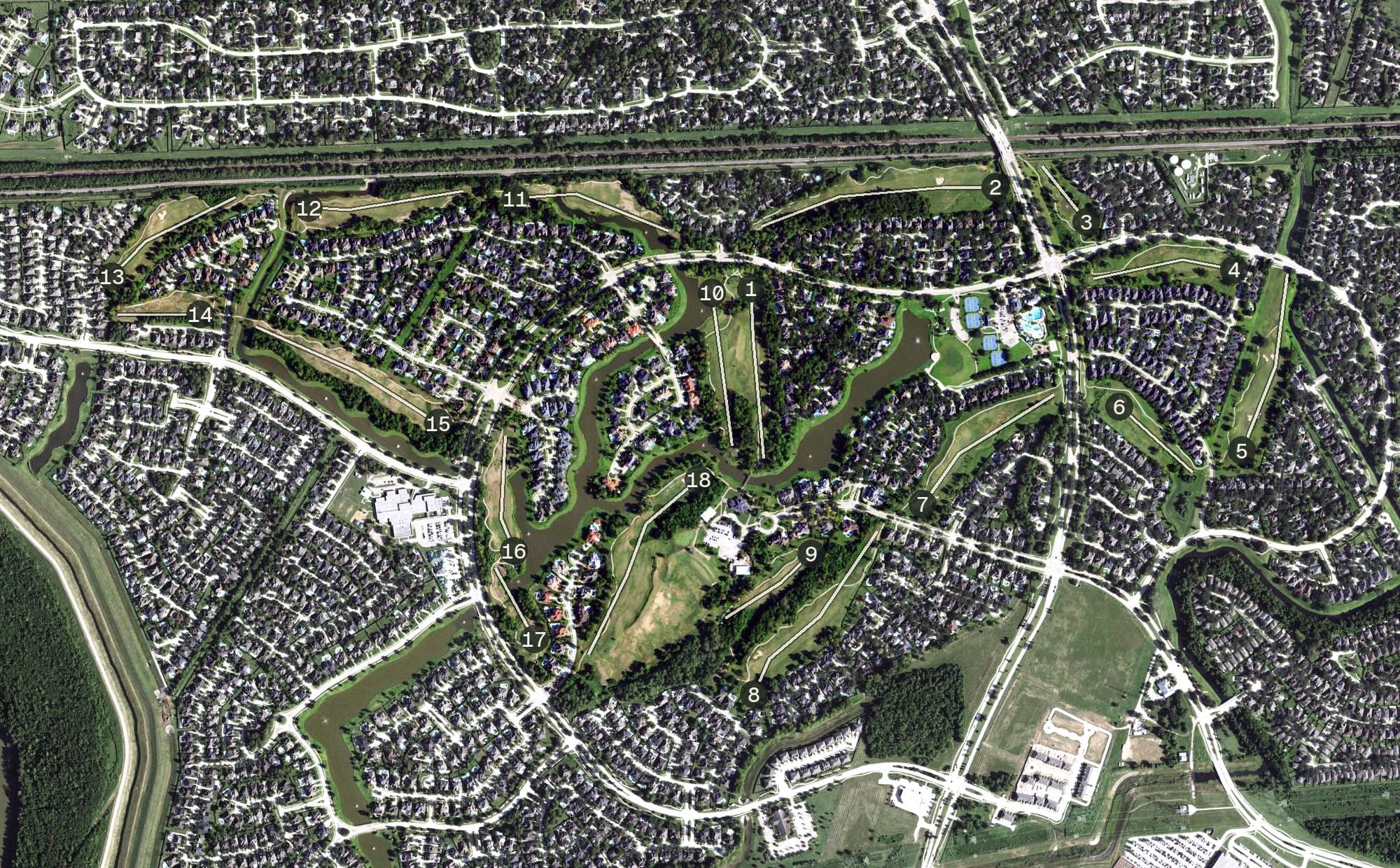 Aerial view of Sienna Golf Club, TX, with its hole routing marked