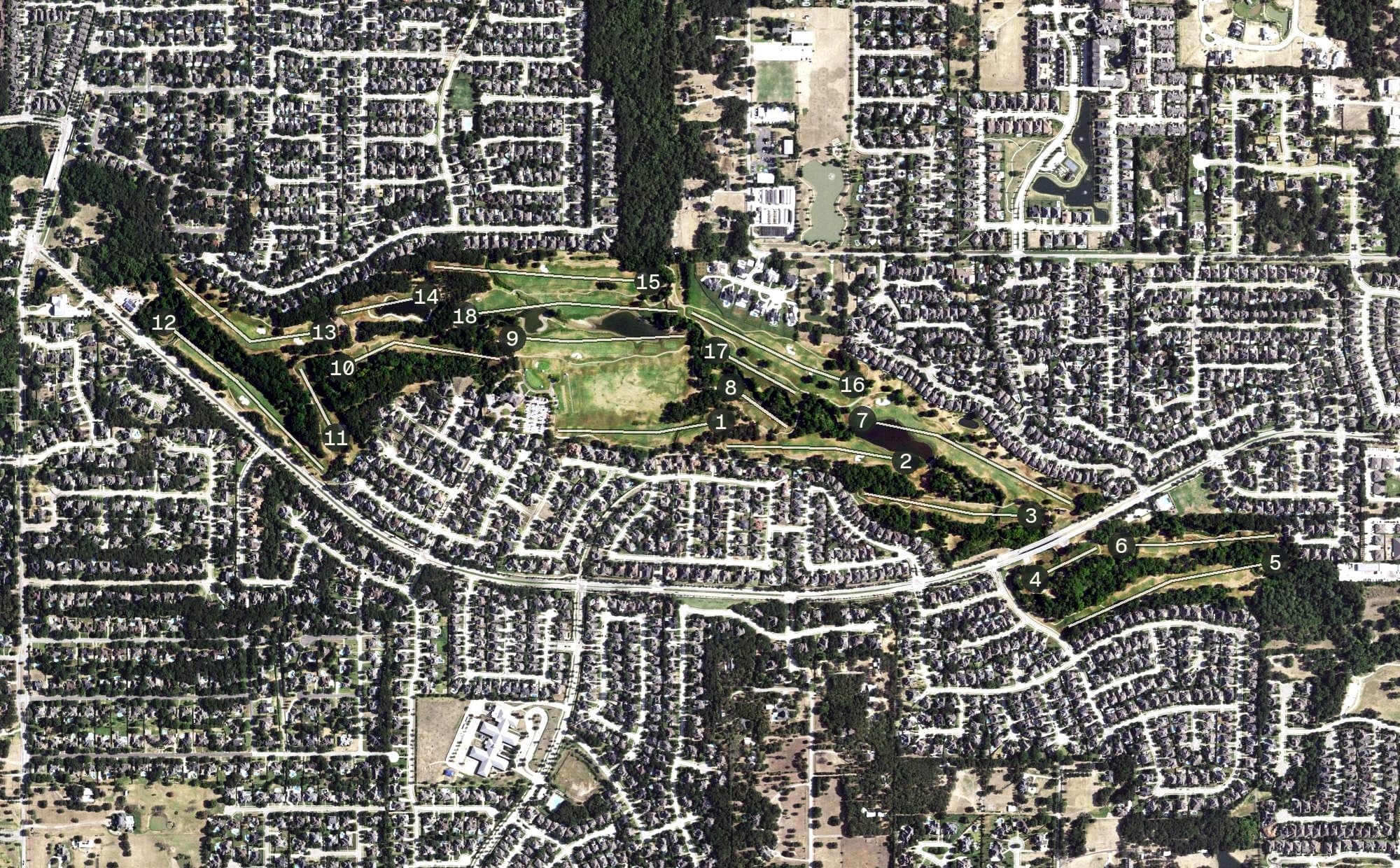 Aerial view of Sky Creek Ranch, TX, with its hole routing marked