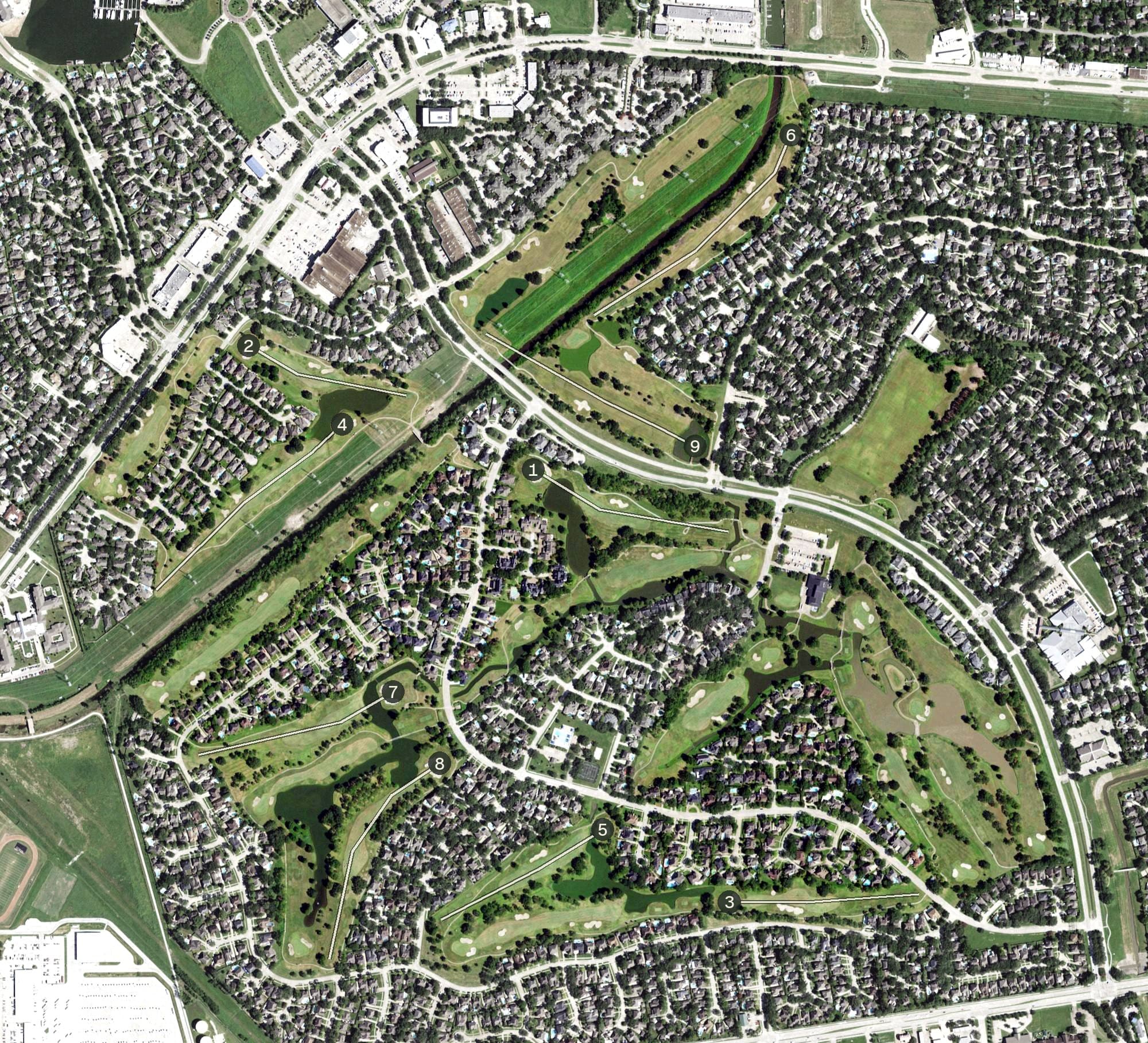 Aerial view of South Shore Harbour, TX, with its hole routing marked