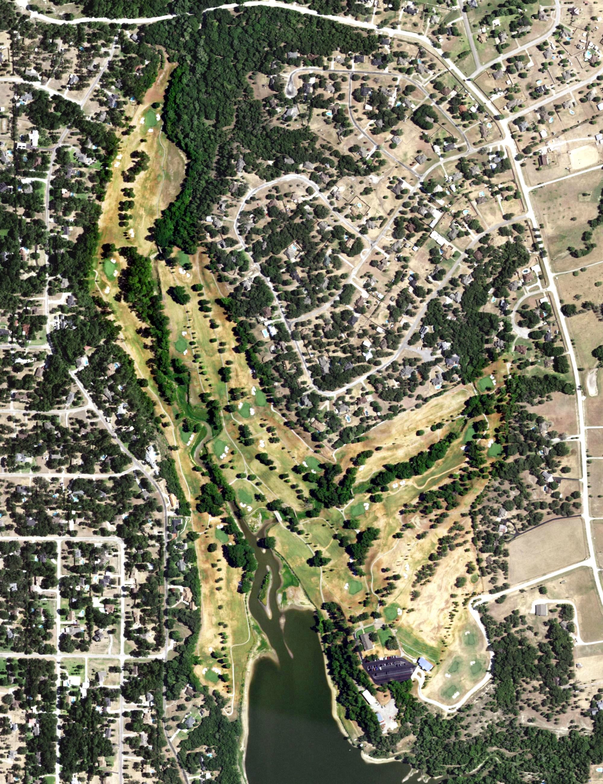 Aerial view of Squaw Creek, TX, with its hole routing marked