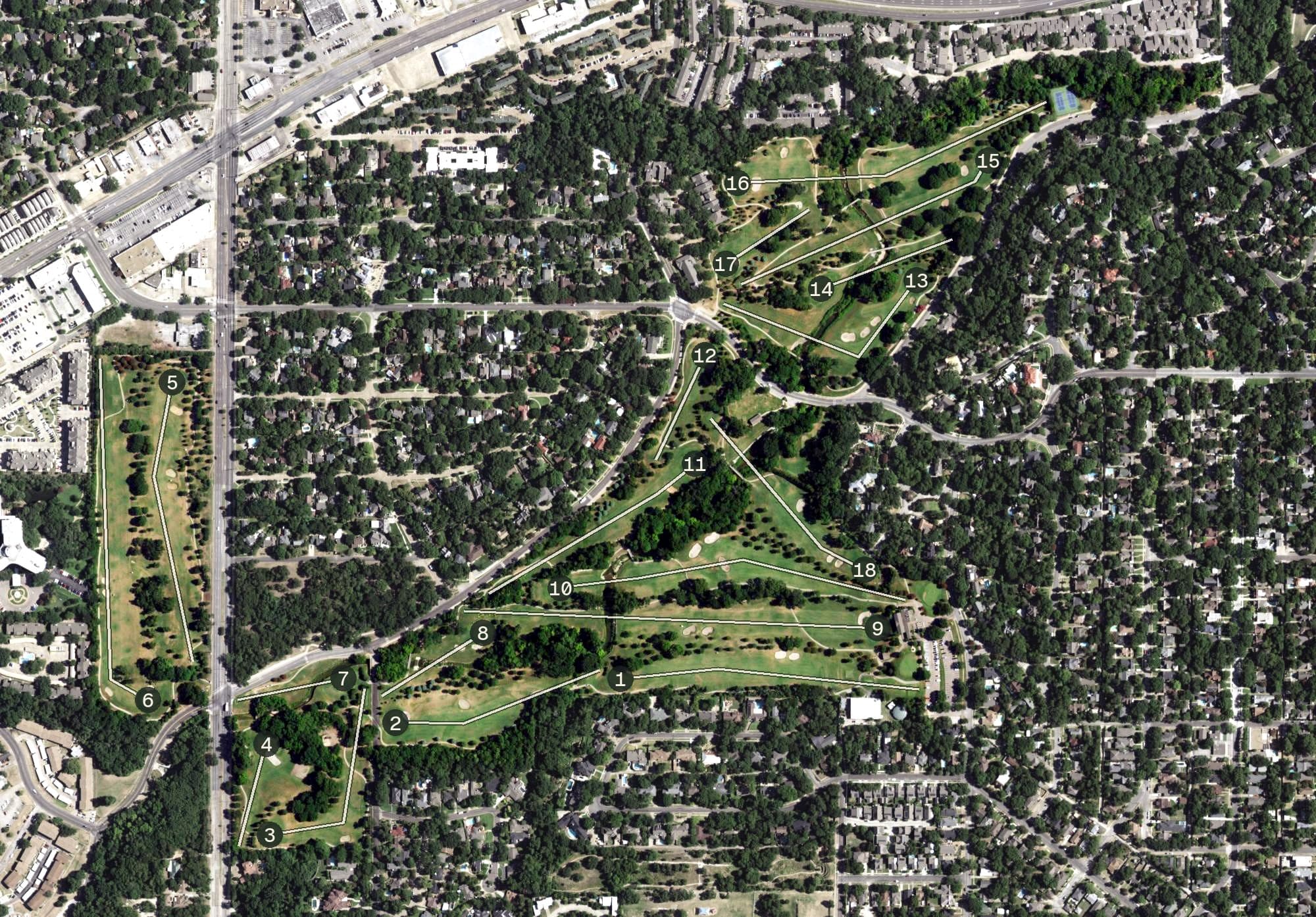 Aerial view of Stevens Golf Course, TX, with its hole routing marked