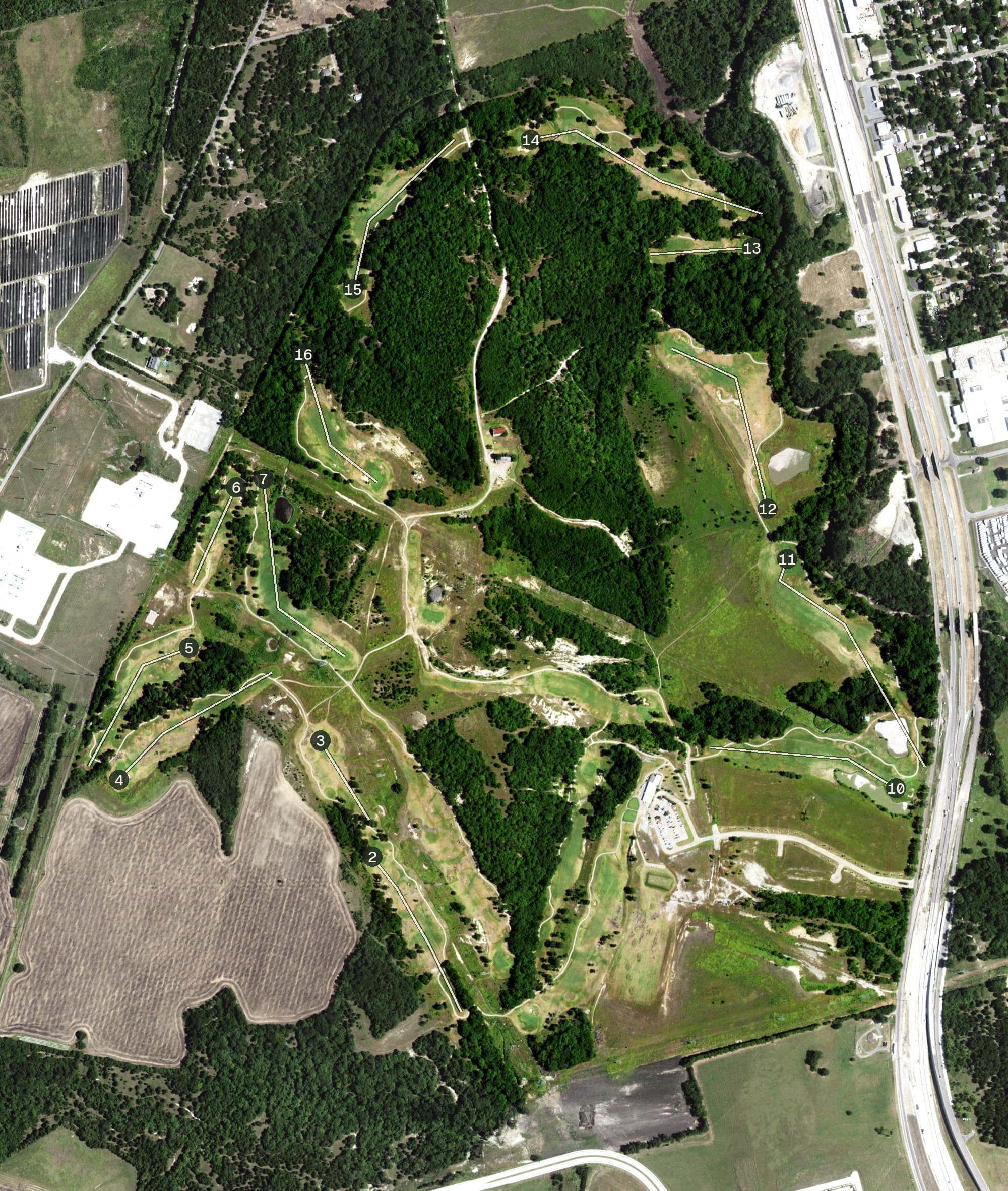 Aerial view of Stone Creek Golf Club, TX, with its hole routing marked