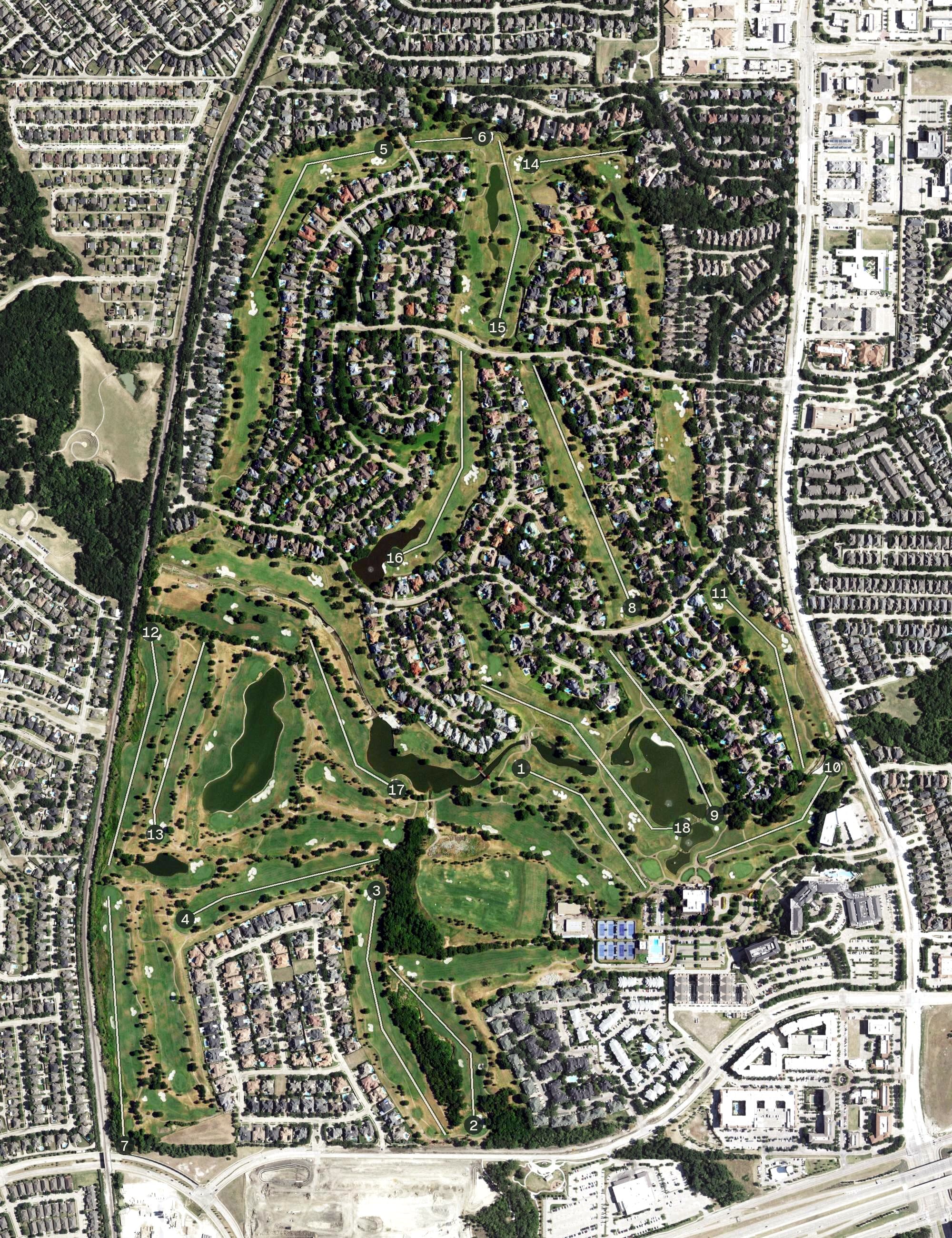 Aerial view of Stonebriar Country Club, TX, with its hole routing marked