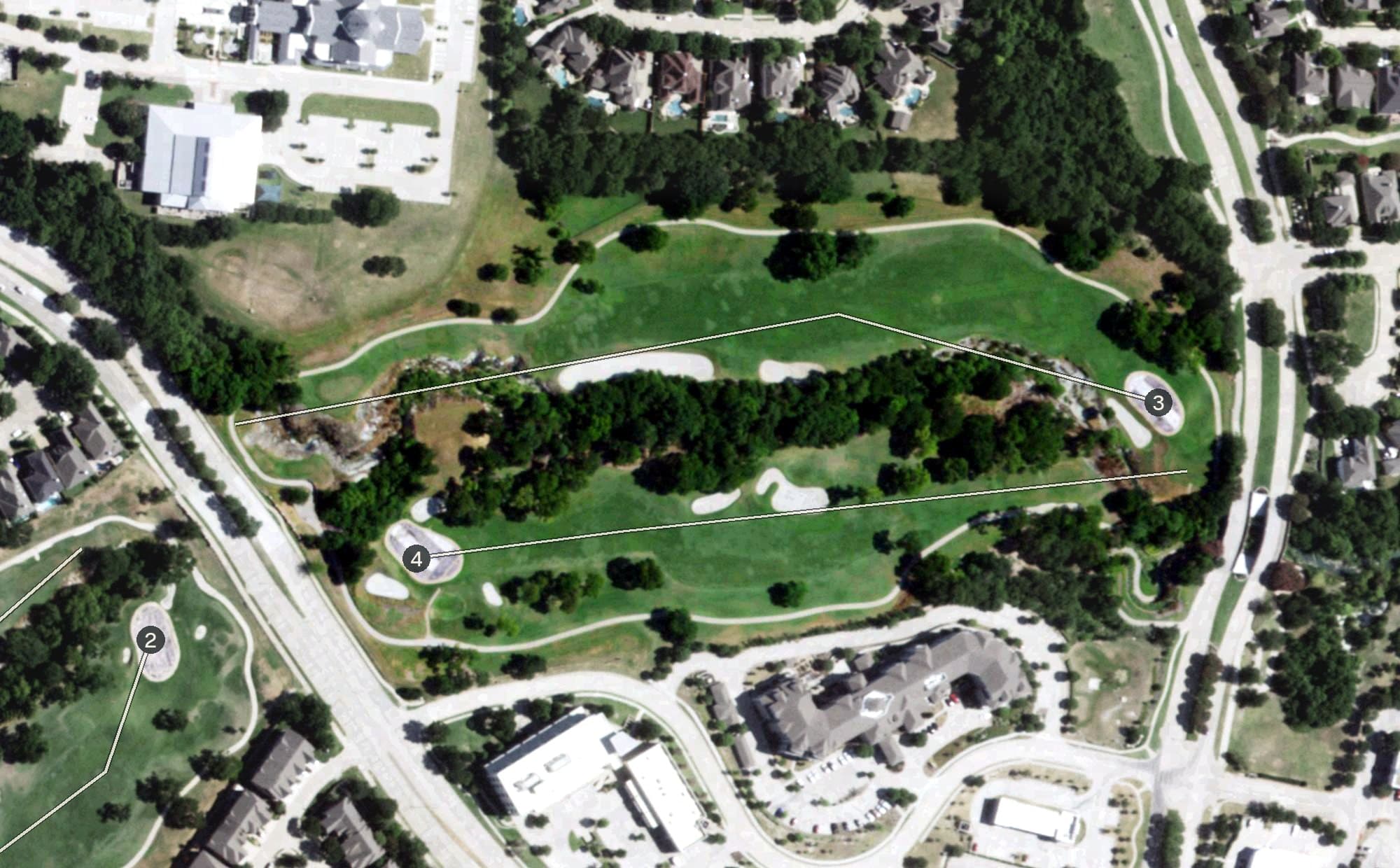 Aerial view of Stonebridge Ranch, TX, with its hole routing marked