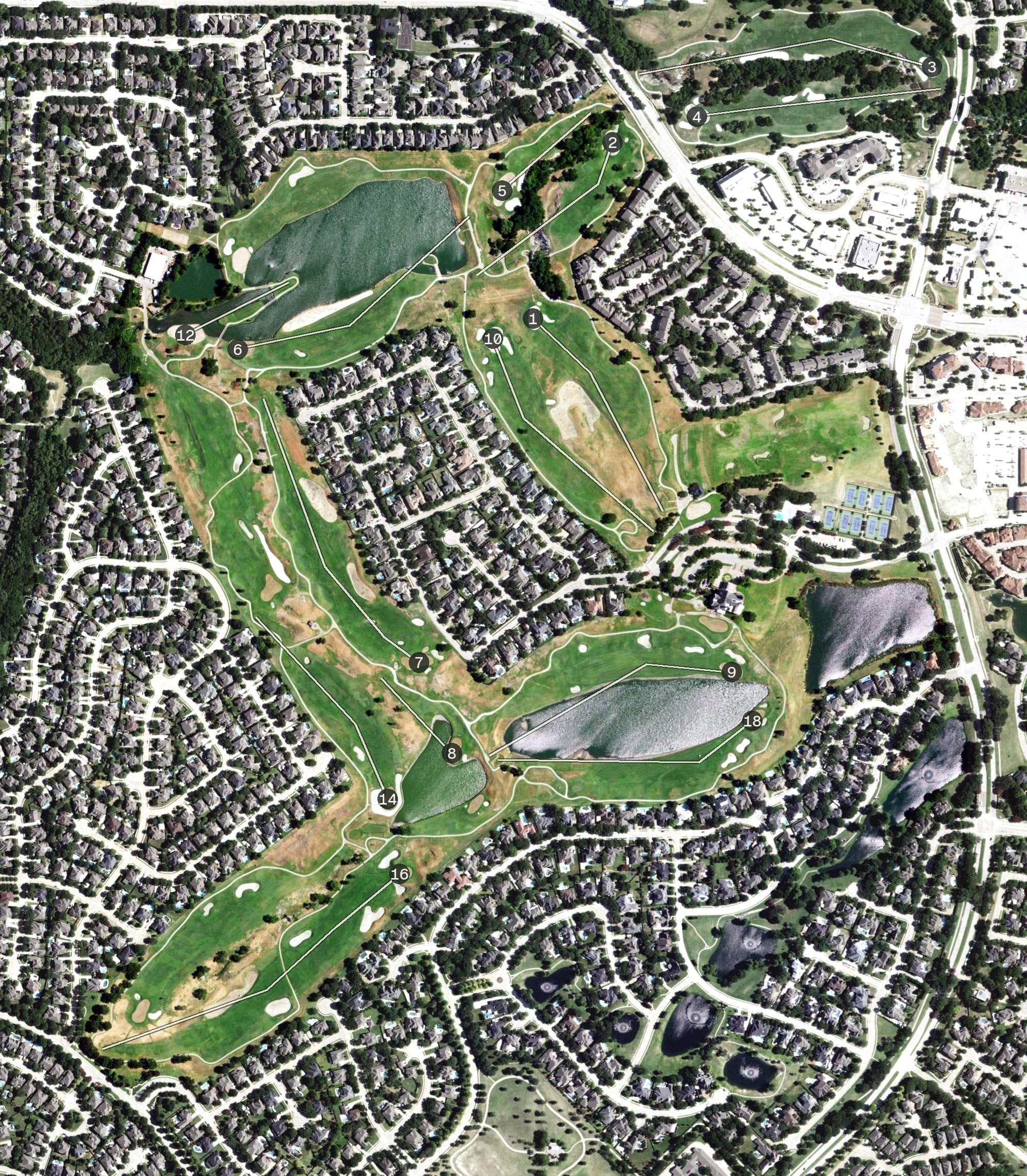 Aerial view of Stonebridge Ranch, TX, with its hole routing marked