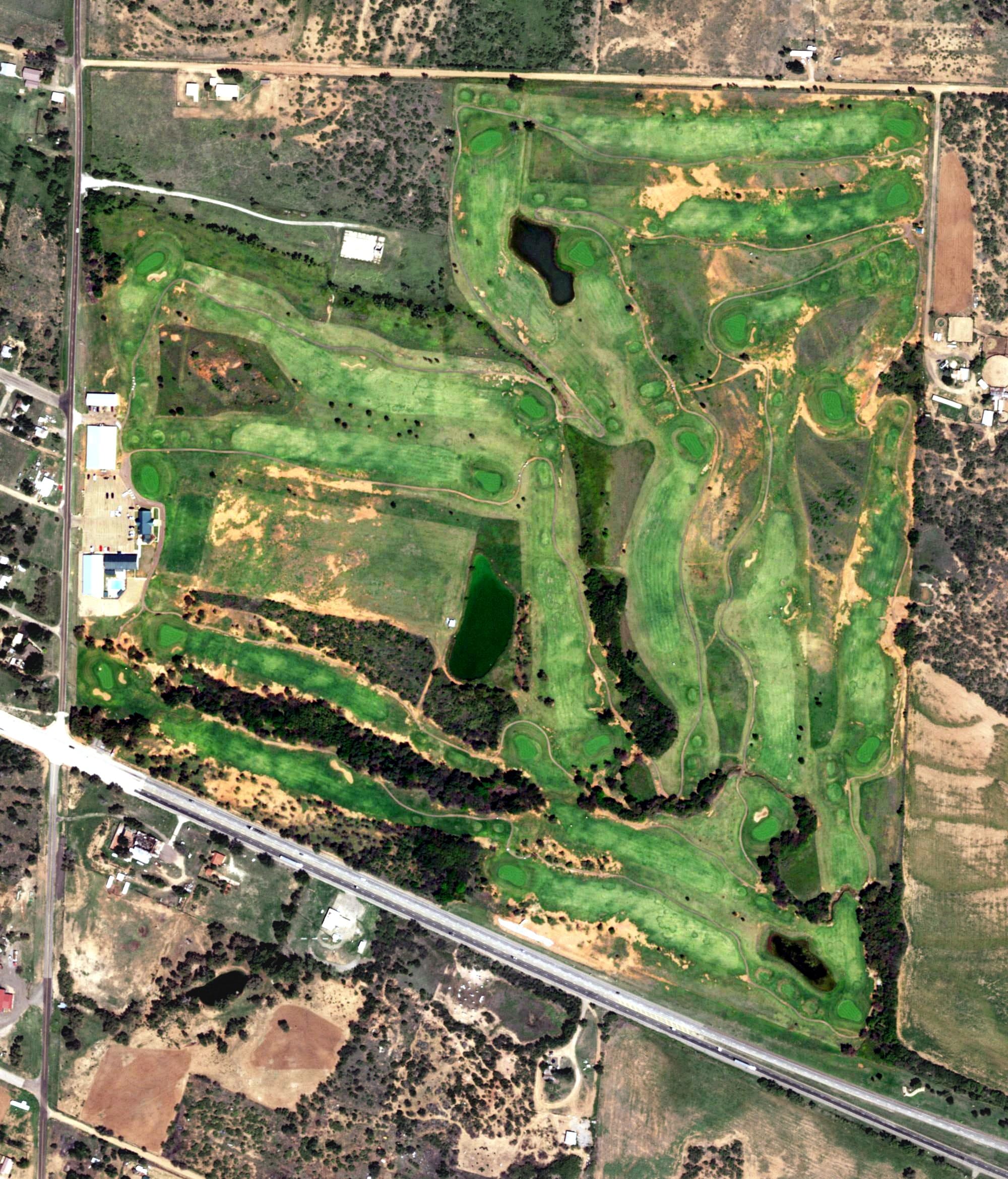 Aerial view of Stoney Ridge Golf Course, TX, with its hole routing marked