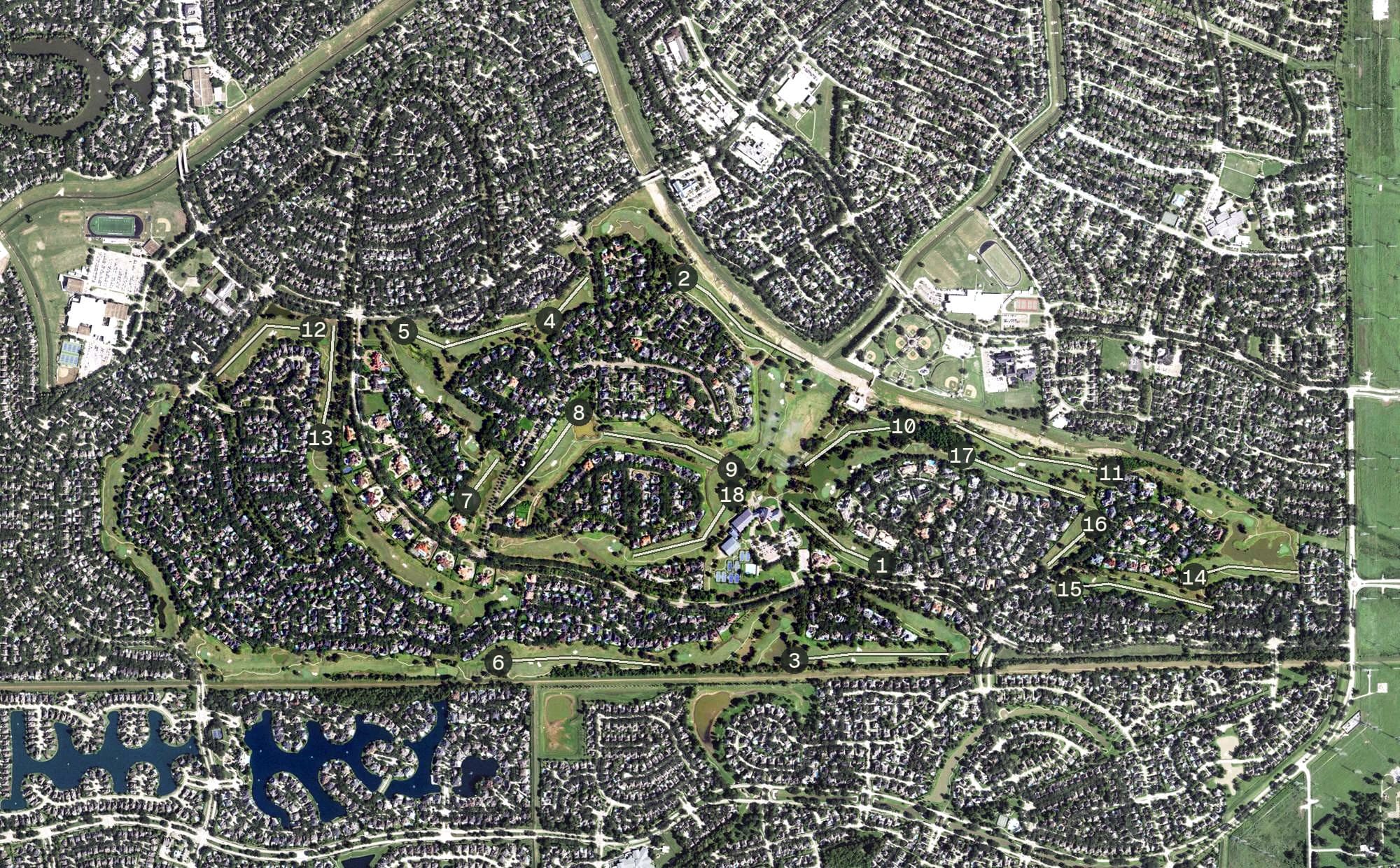 Aerial view of Sweetwater Country Club, TX, with its hole routing marked