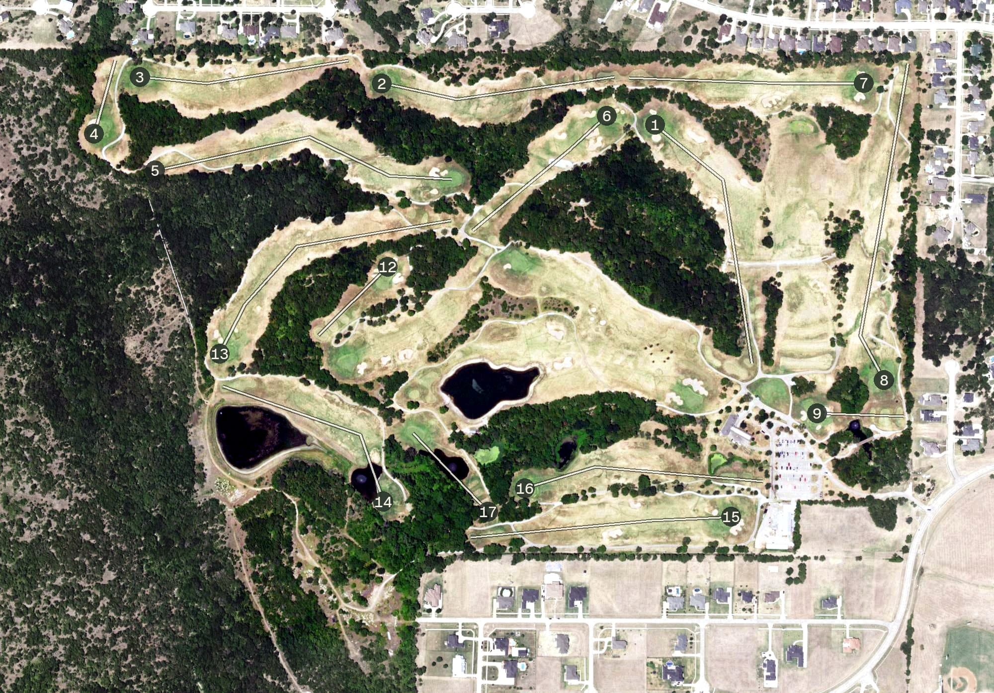 Aerial view of Tangle Ridge Golf Club, TX, with its hole routing marked