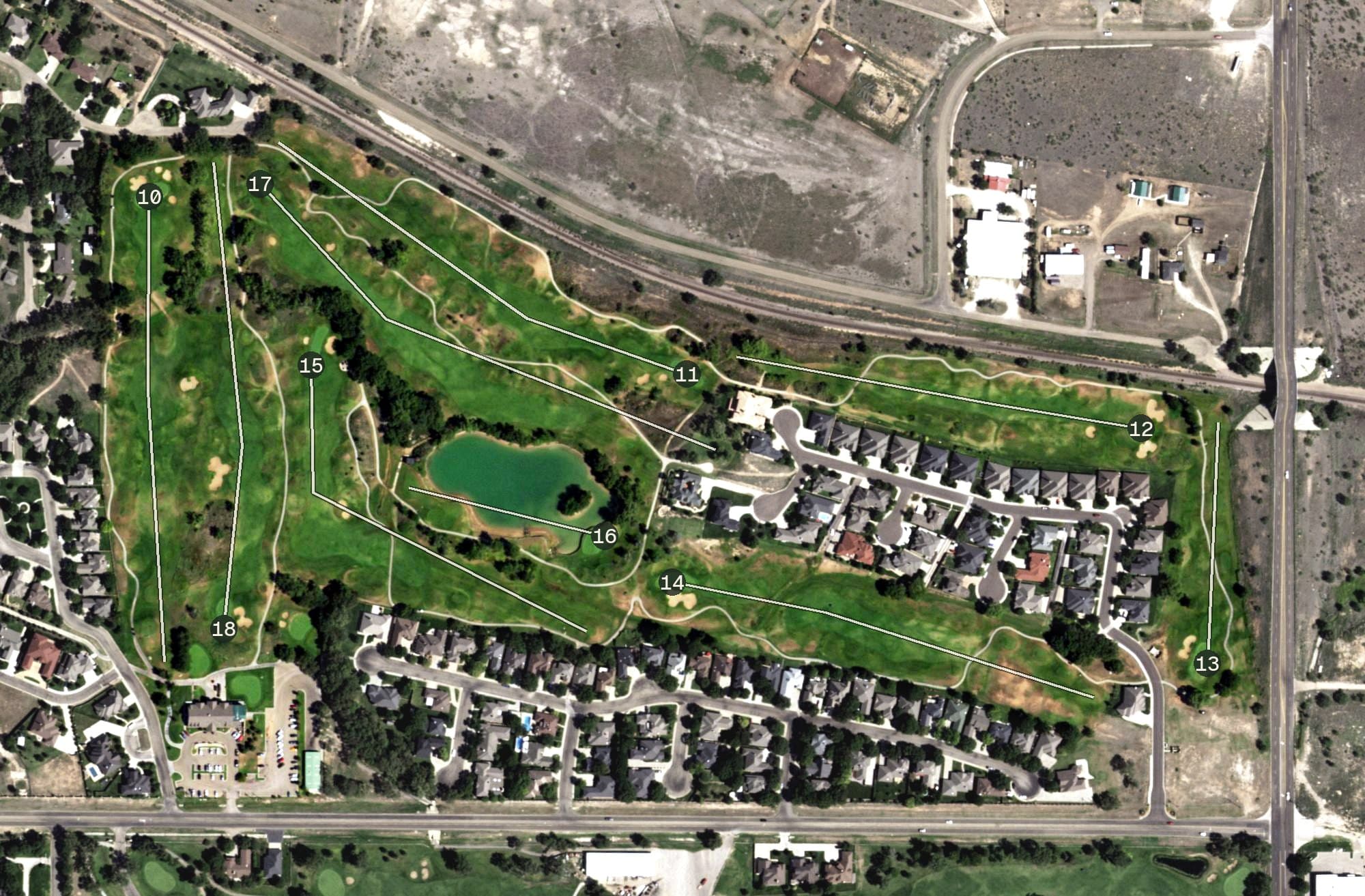 Aerial view of Tascosa Golf Club - La Paloma Course, TX, with its hole routing marked