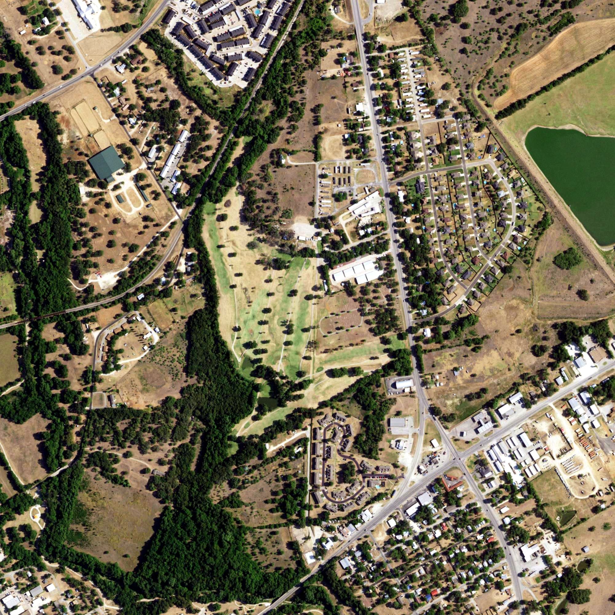 Aerial view of Tejas Golf Course, TX, with its hole routing marked