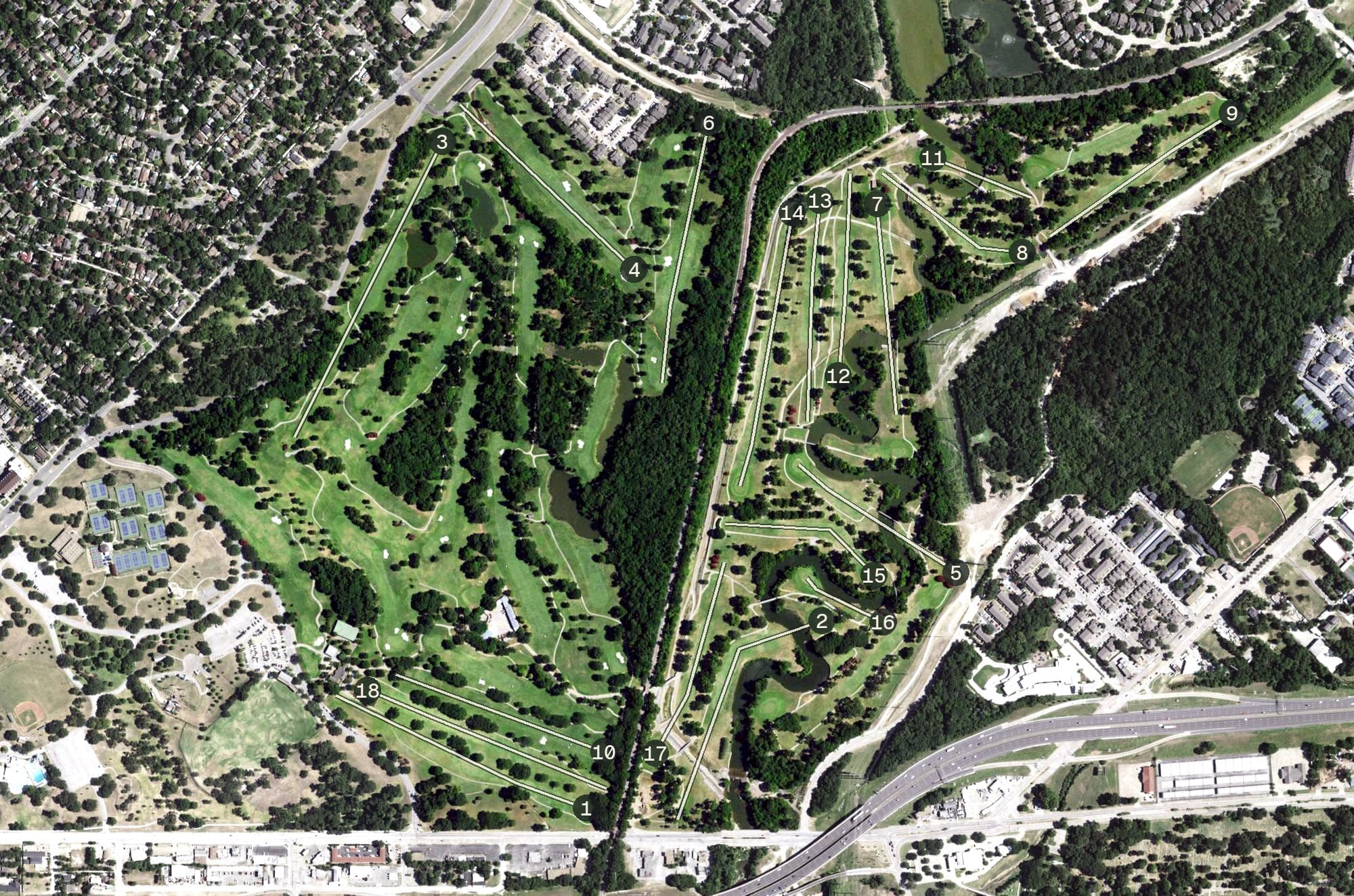 Aerial view of Tenison Park Golf Course, TX, with its hole routing marked