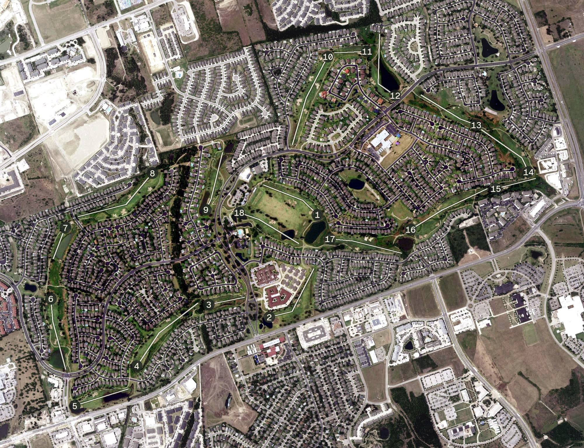 Aerial view of Teravista Golf Club, TX, with its hole routing marked