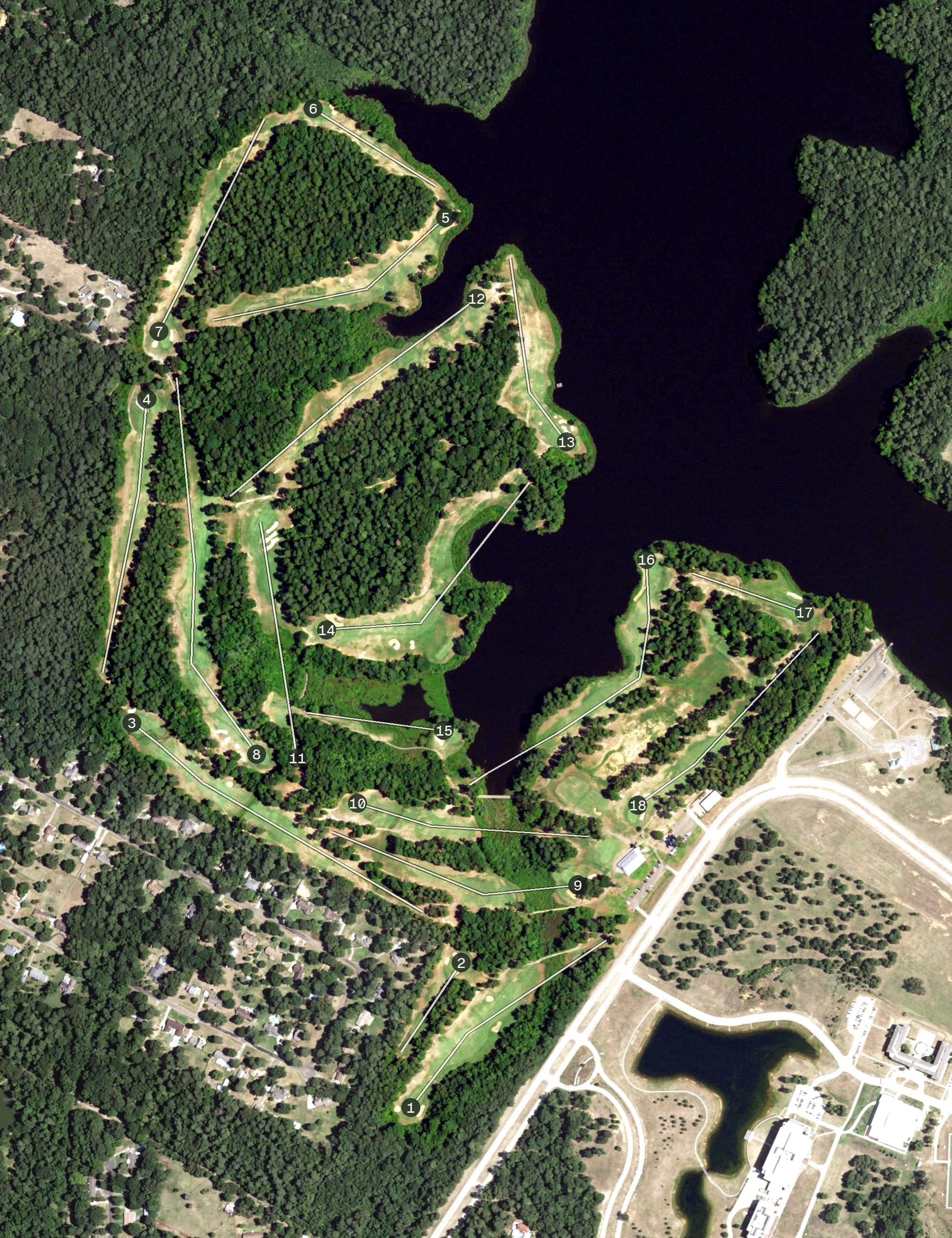Aerial view of Texarkana Golf Ranch, TX, with its hole routing marked