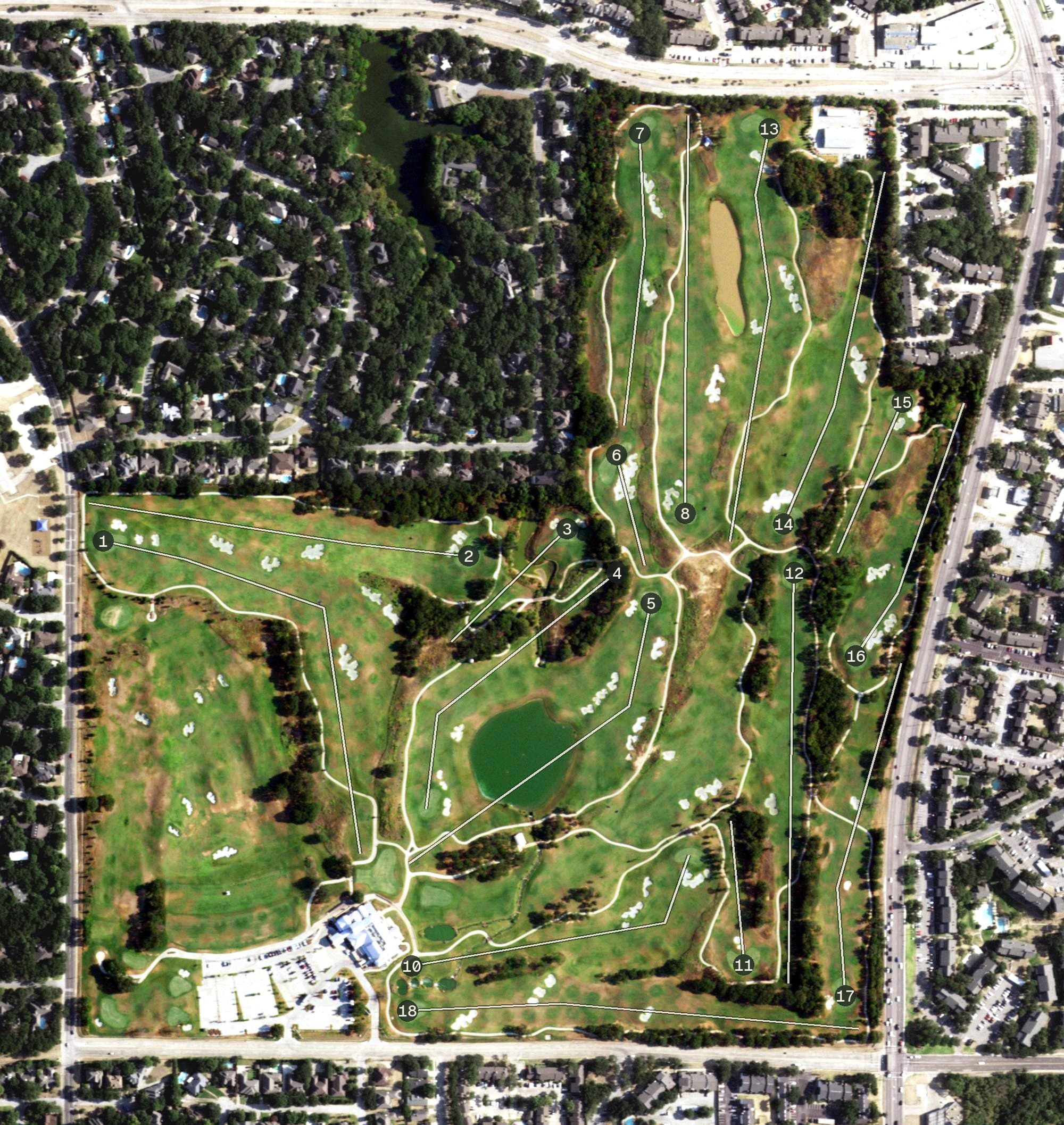 Aerial view of Texas Rangers Golf Club, TX, with its hole routing marked