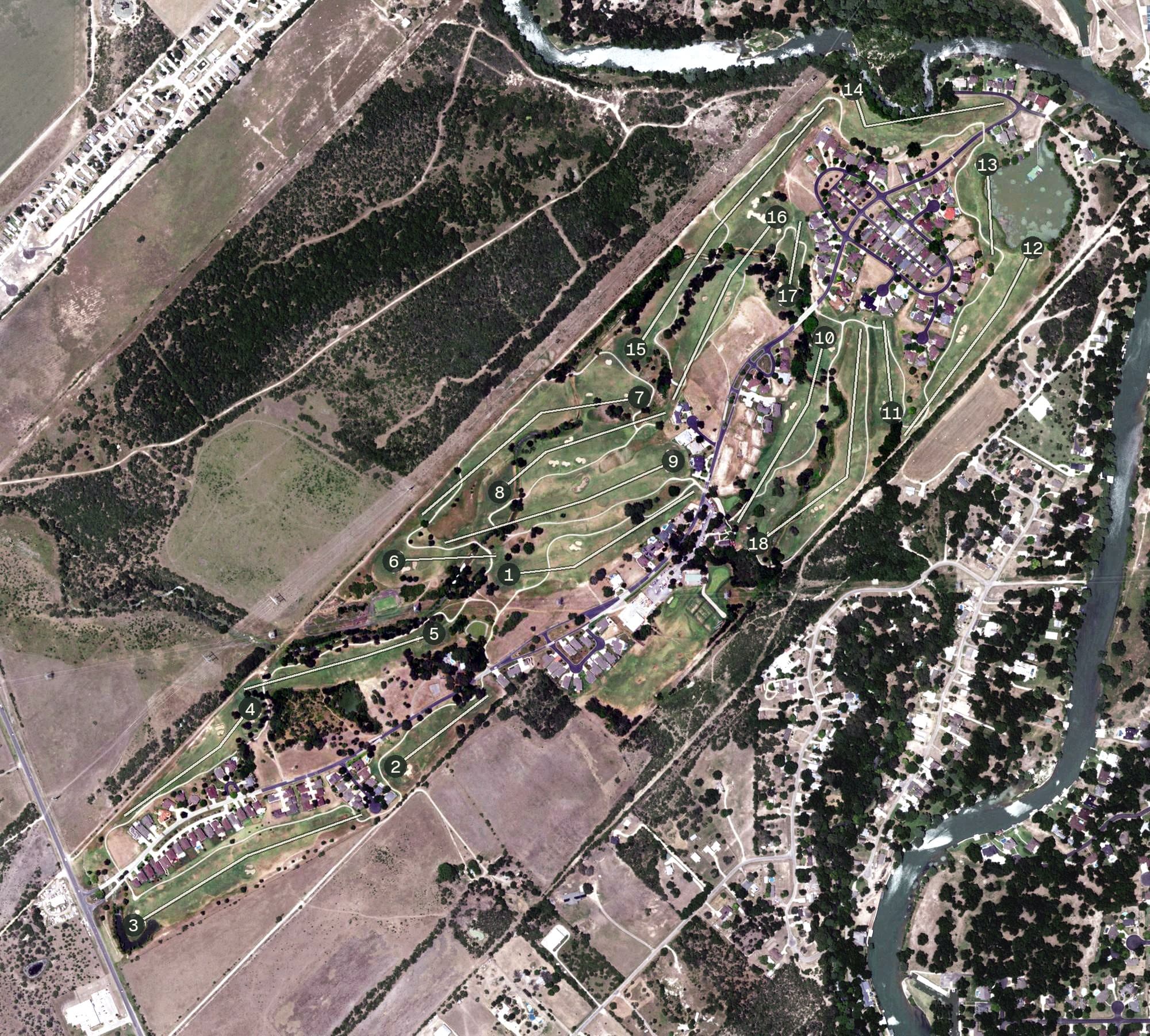 Aerial view of The Bandit Golf Club, TX, with its hole routing marked