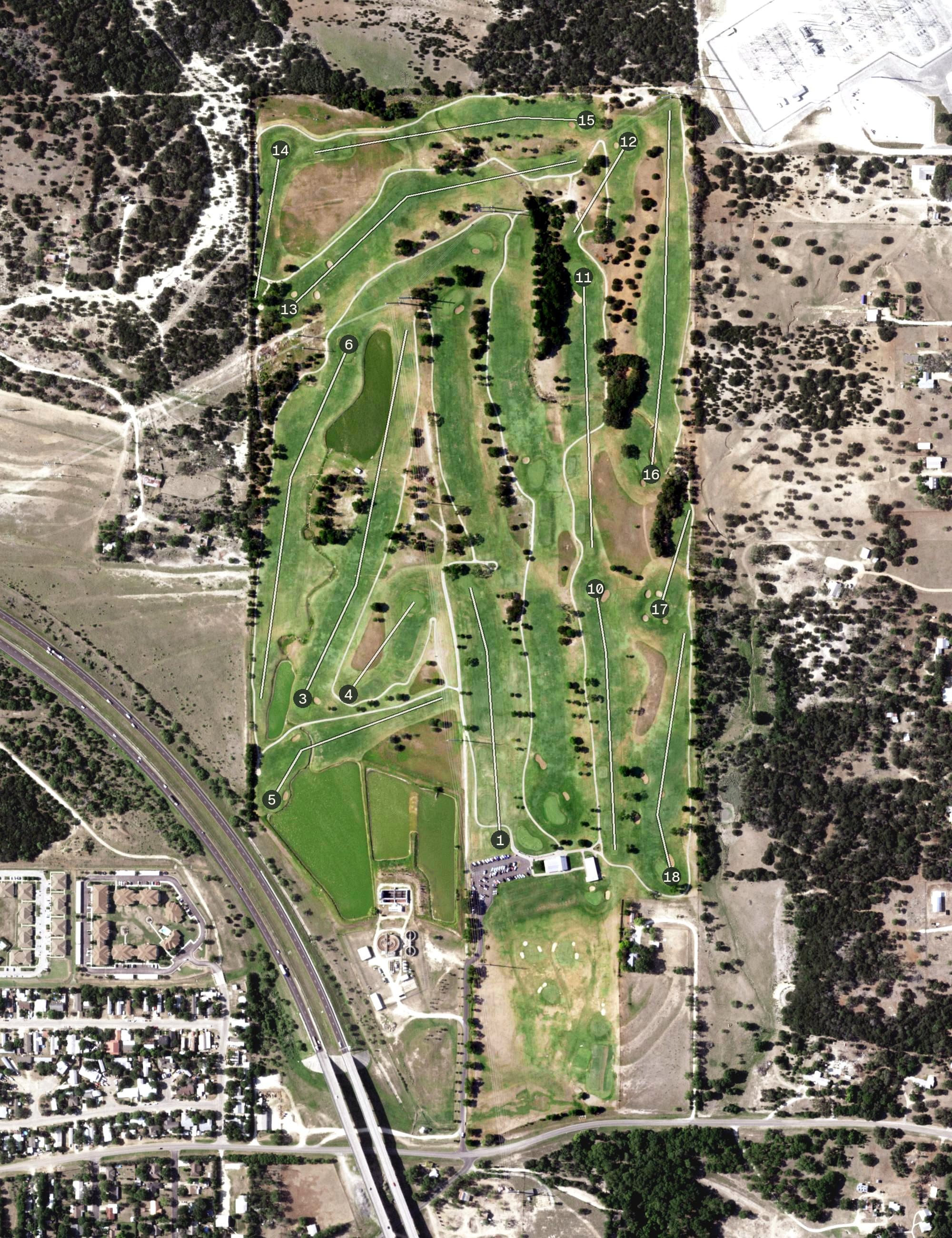 Aerial view of The Buckhorn Golf Course, TX, with its hole routing marked