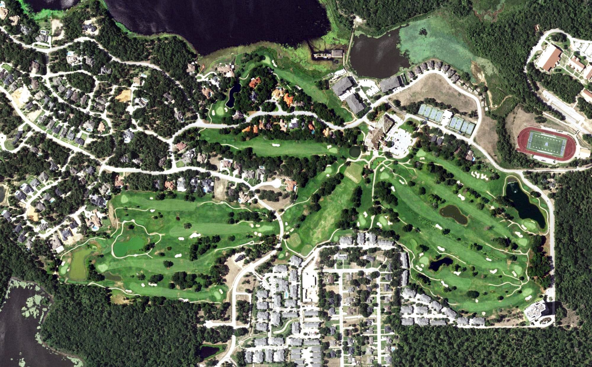Aerial view of The Cascades Golf Club, TX, with its hole routing marked